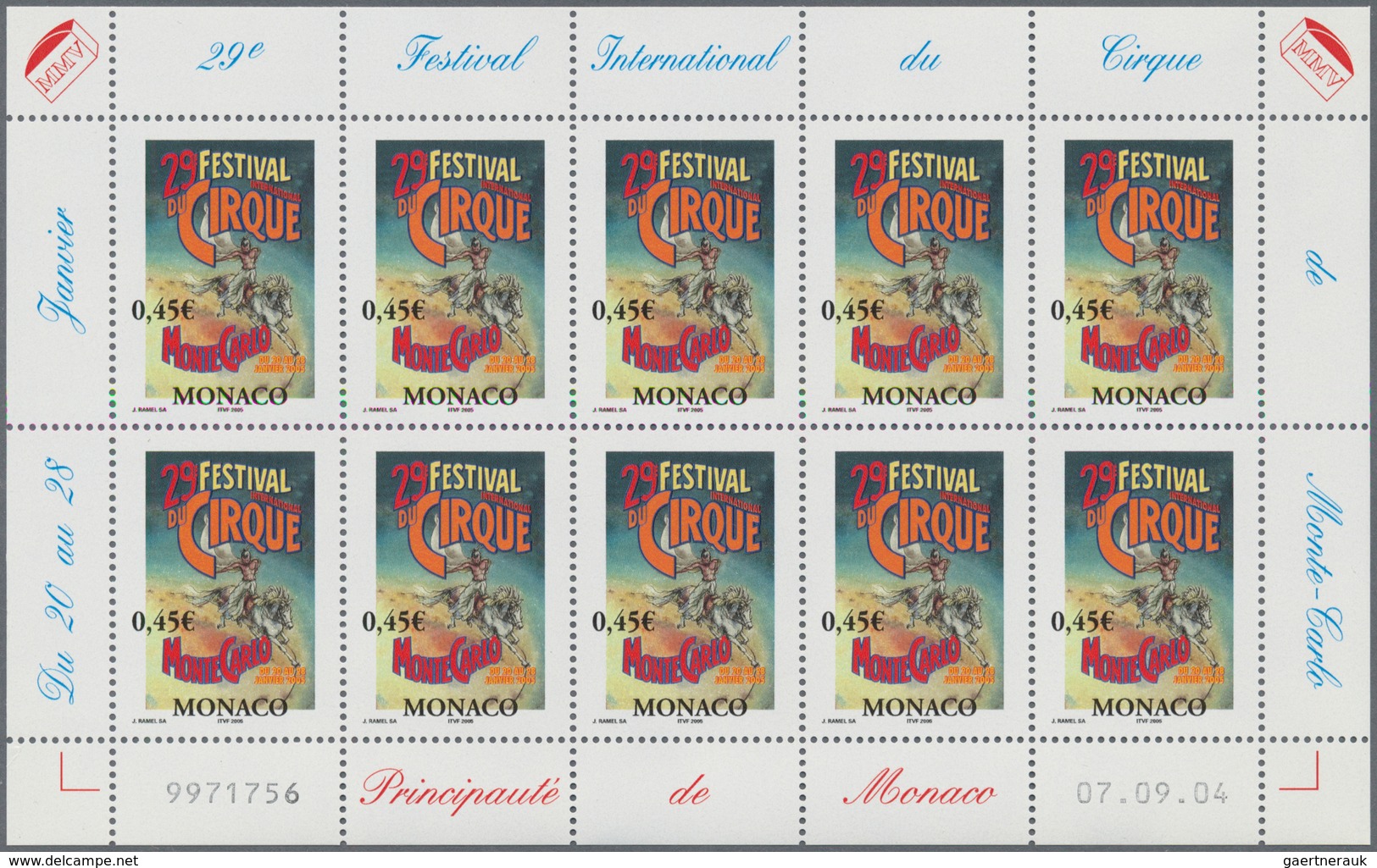 Monaco: 2005, 0.45 € Circus Festival, 770 Complete Sheets With 7.700 Stamps Mint Never Hinged. Miche - Gebraucht