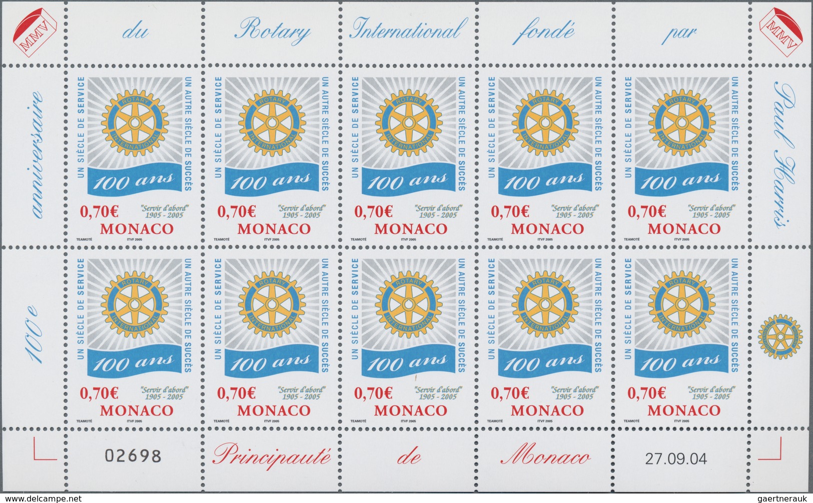 Monaco: 2005, 0.55, 0.70 € Rotary, 770 Complete Sheets Per Issue With 7.700 Sets Mint Never Hinged. - Gebruikt