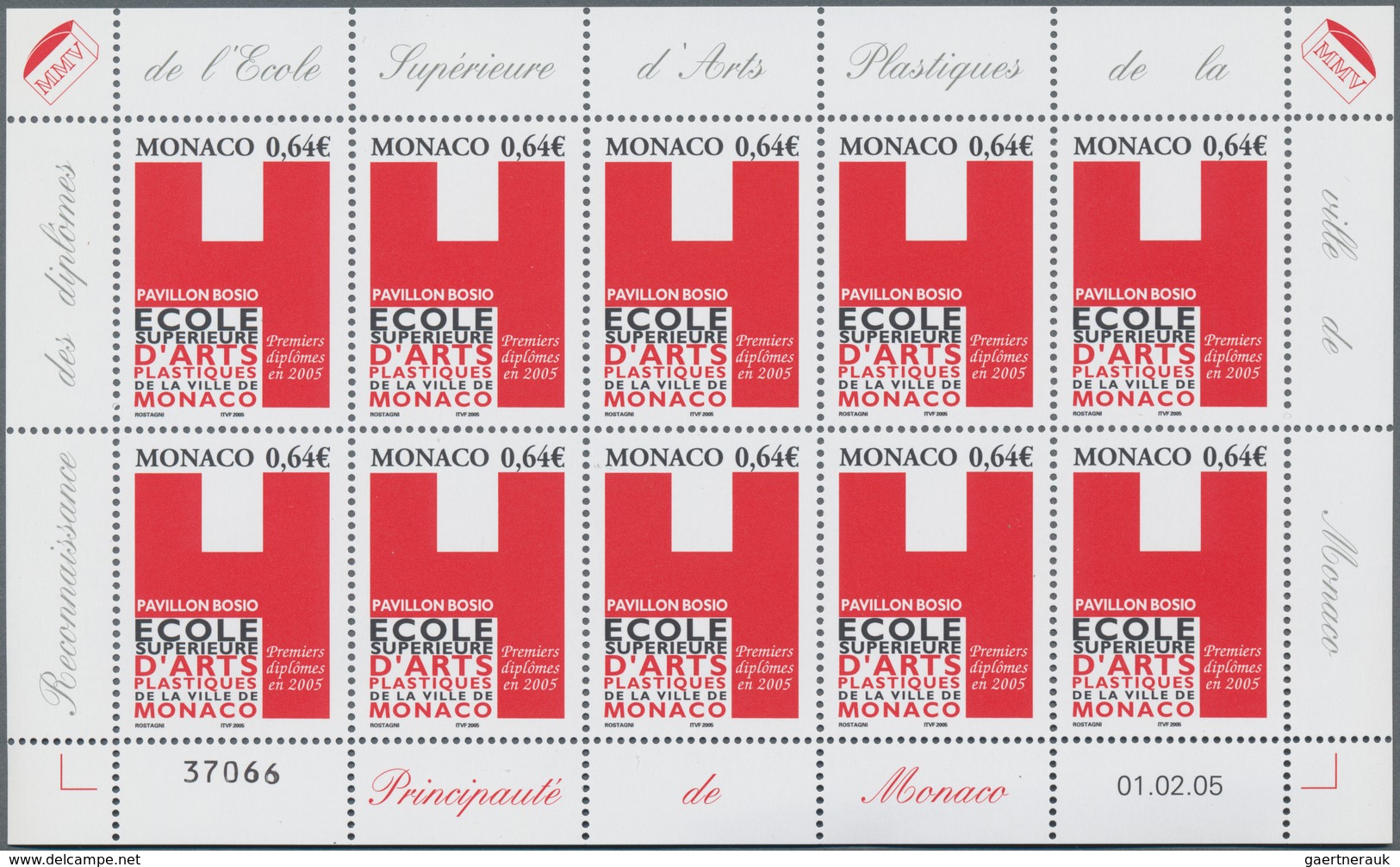 Monaco: 2005, 0.64 € School Of Sculpting, 770 Complete Sheets With 7.700 Stamps Mint Never Hinged. M - Usados