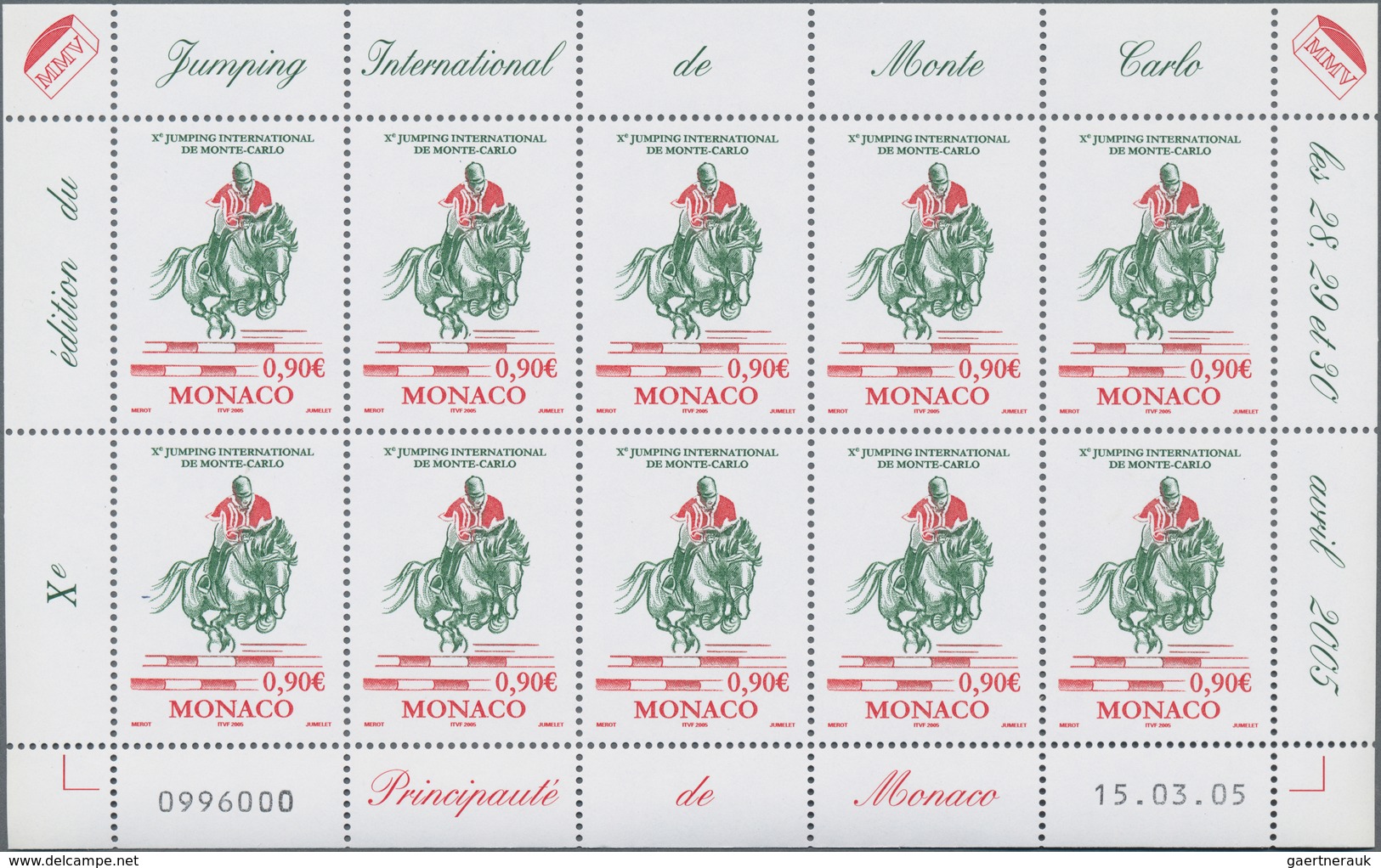 Monaco: 2005, 0.90 € Show Jumping, 770 Complete Sheets With 7.700 Stamps Mint Never Hinged. Michel N - Gebruikt