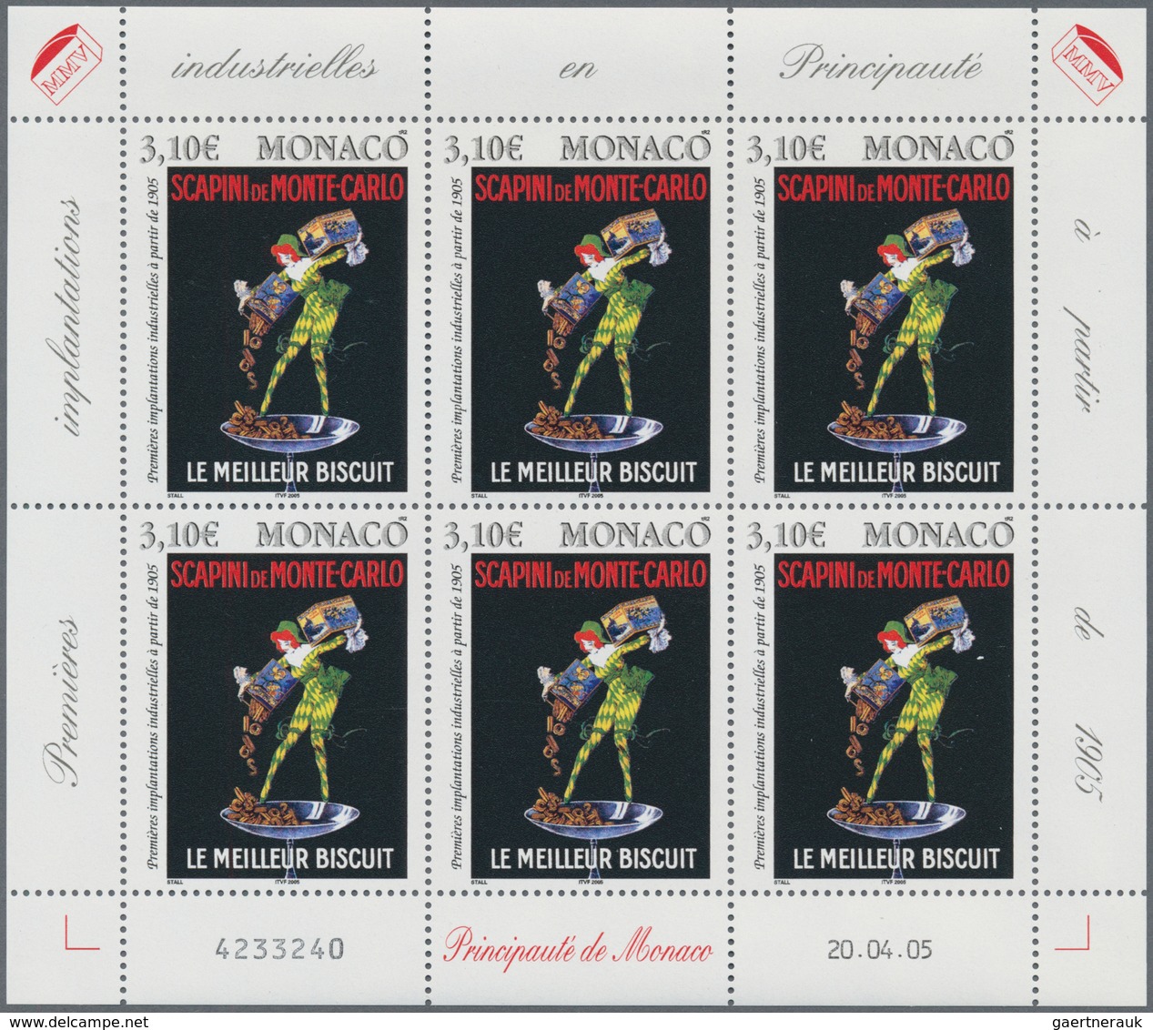 Monaco: 2005, 0.77, 2.50, 3.10 € Historical Advertising Posters, 7.700 Sets In Sheets Of Six Stamps - Usados