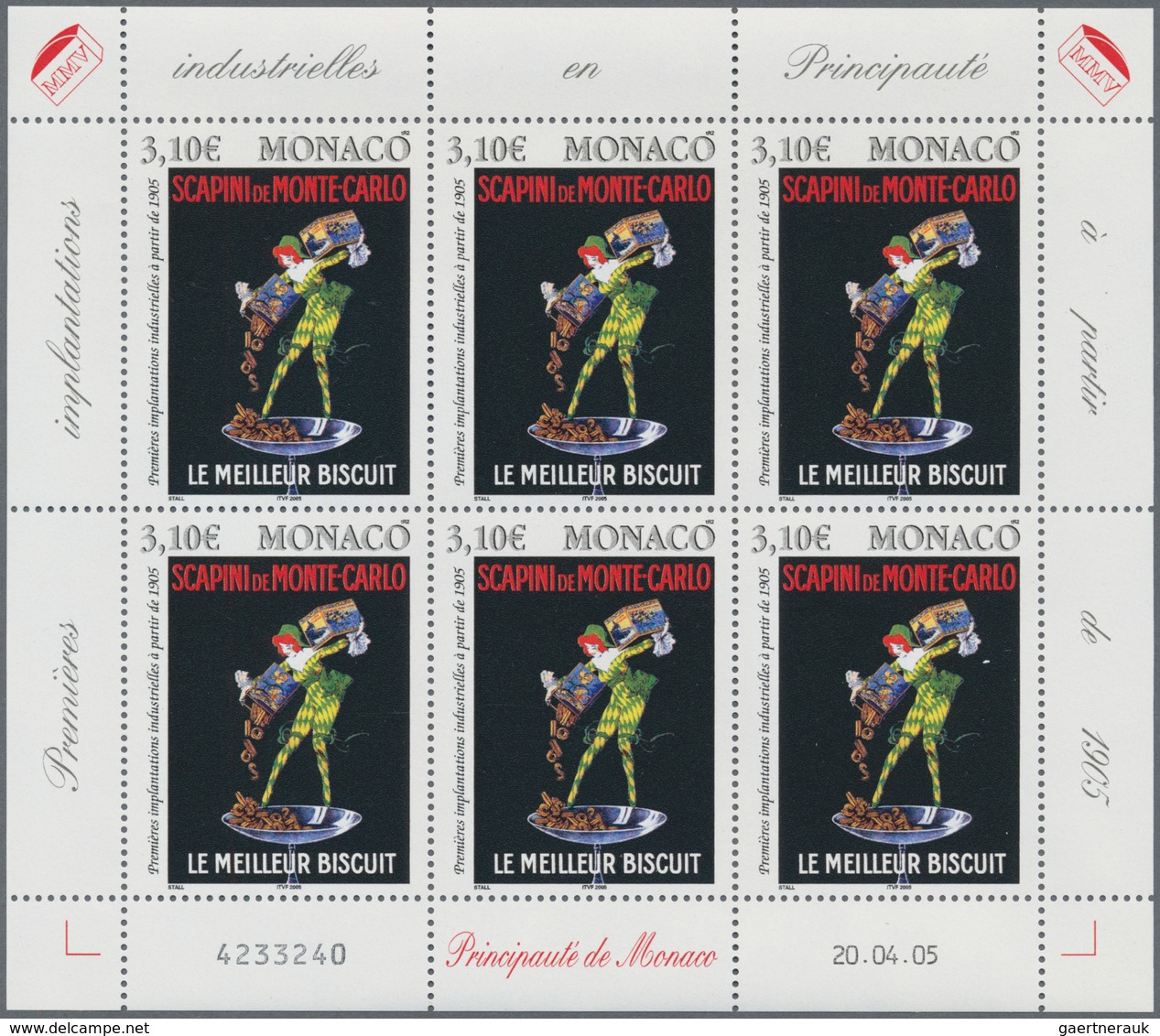 Monaco: 2005, 0.77, 2.50, 3.10 € Historical Advertising Posters, 7.700 Sets In Sheets Of Six Stamps - Gebraucht