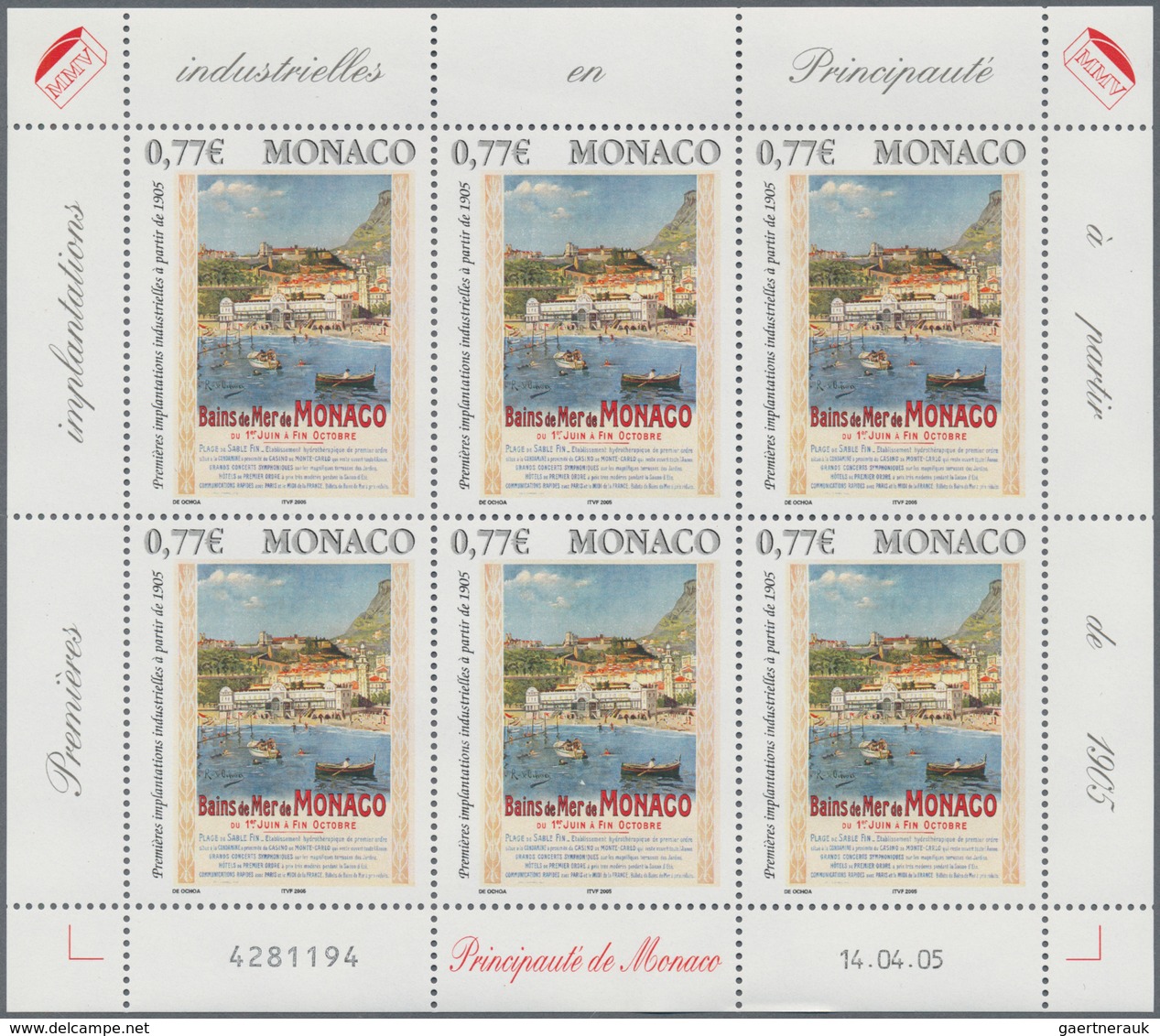 Monaco: 2005, 0.77, 2.50, 3.10 € Historical Advertising Posters, 7.700 Sets In Sheets Of Six Stamps - Oblitérés