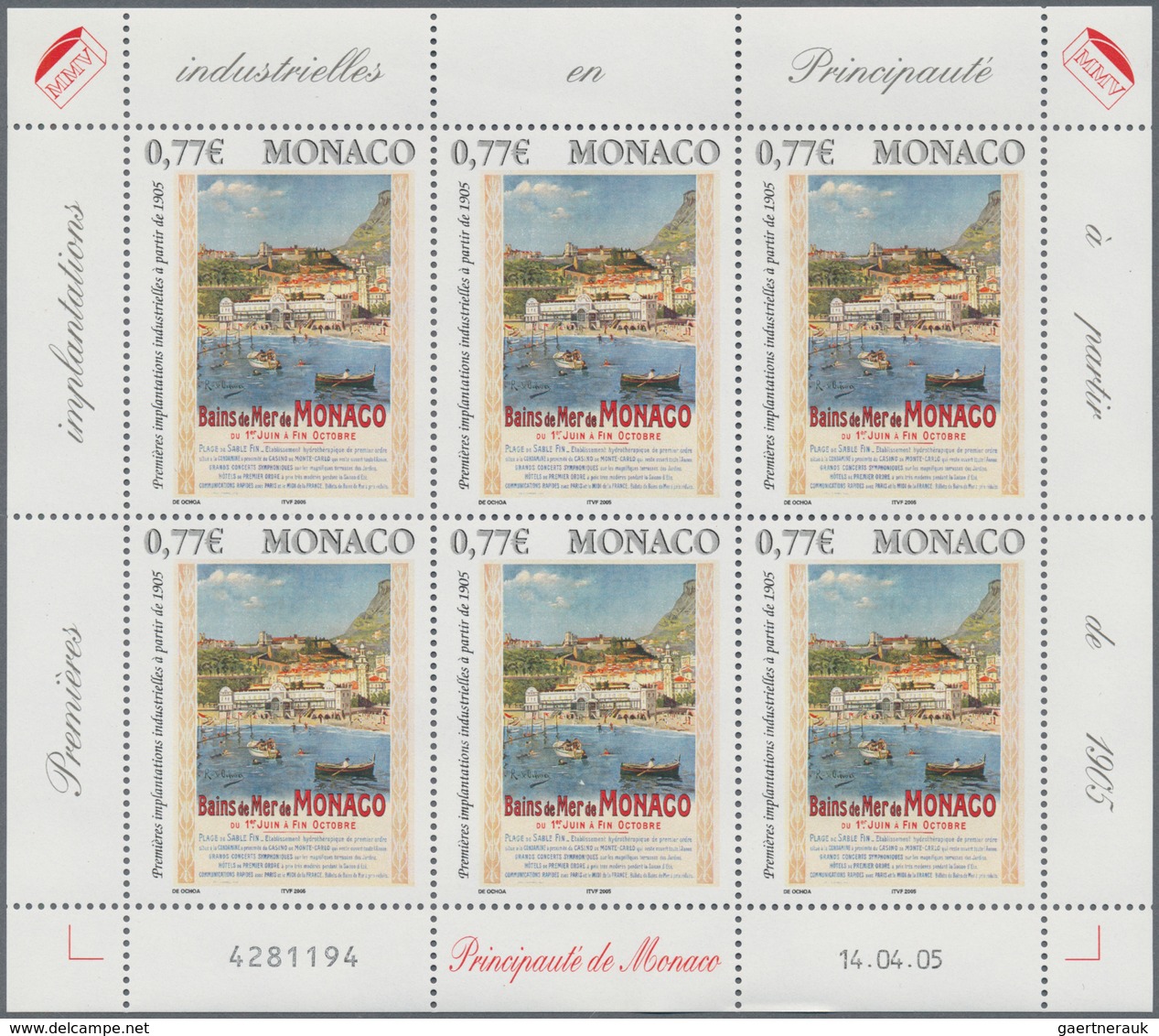 Monaco: 2005, 0.77, 2.50, 3.10 € Historical Advertising Posters, 7.700 Sets In Sheets Of Six Stamps - Gebraucht