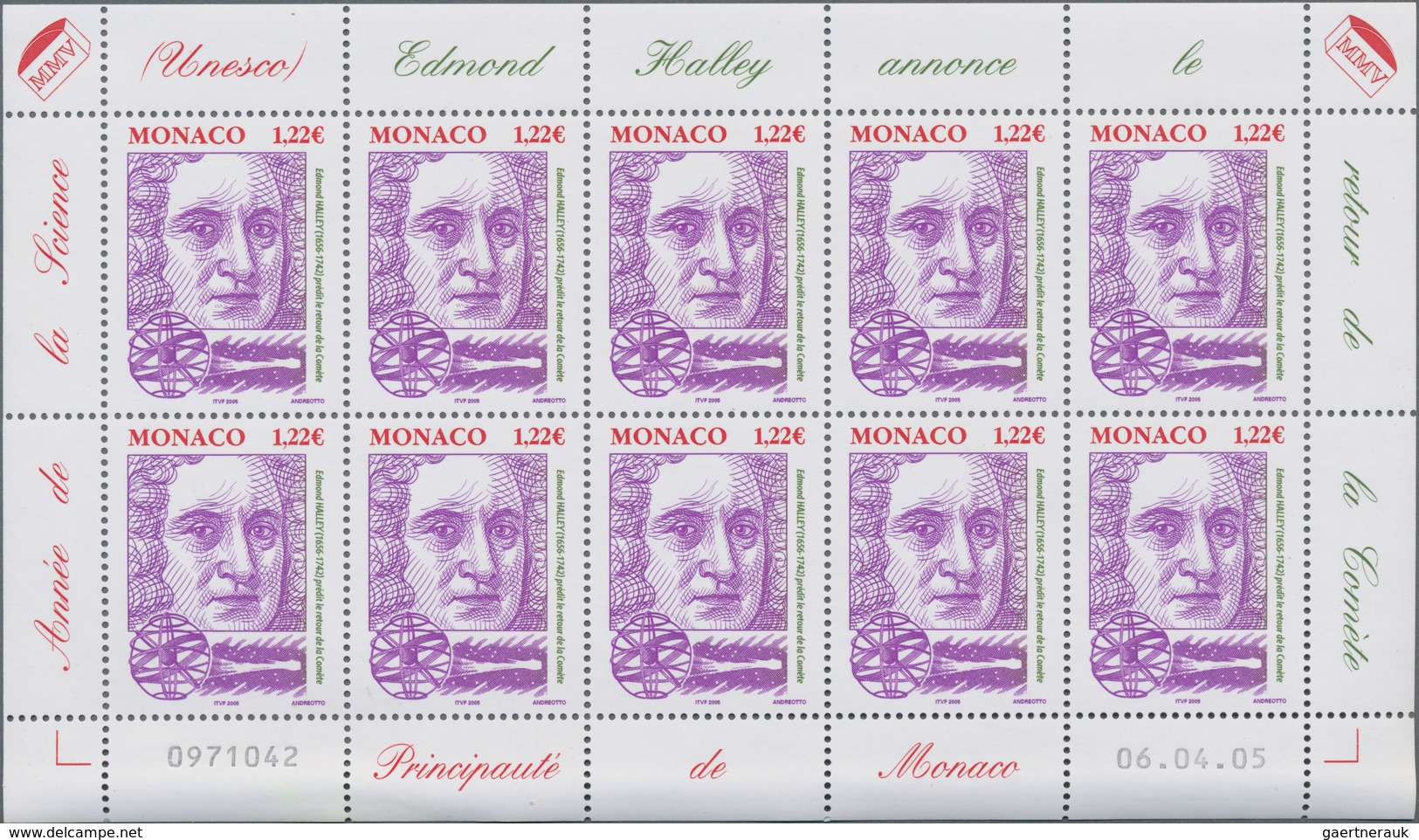 Monaco: 2005, 1.22, 1.98, 3.80 €, Year Of Science, 770 Complete Sheets Per Issue With 7.700 Sets Min - Usados
