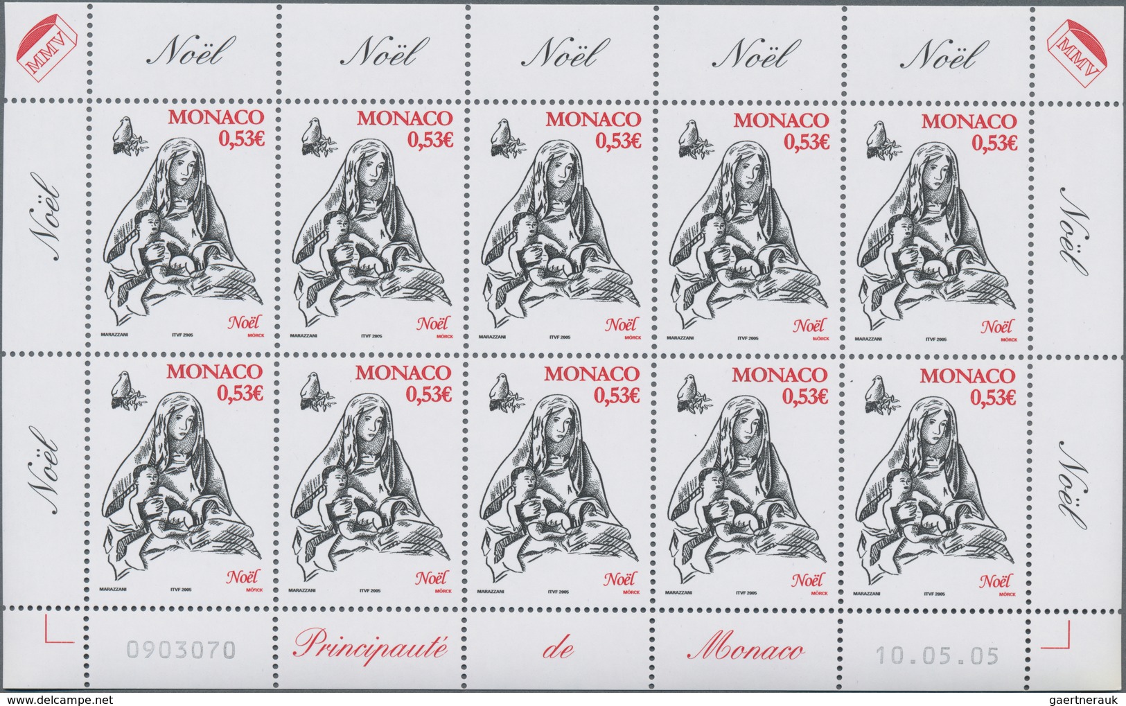 Monaco: 2005, 0.53 € Christmas, 770 Complete Sheets With 7.700 Stamps Mint Never Hinged. Michel No. - Gebruikt