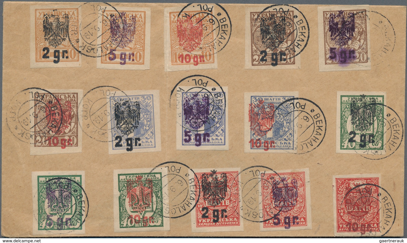 Polen - Polnisches Korps (1917/18): 1919, 15 Values On Blank Letter With Eagles Overprints On Ukrain - Sonstige & Ohne Zuordnung