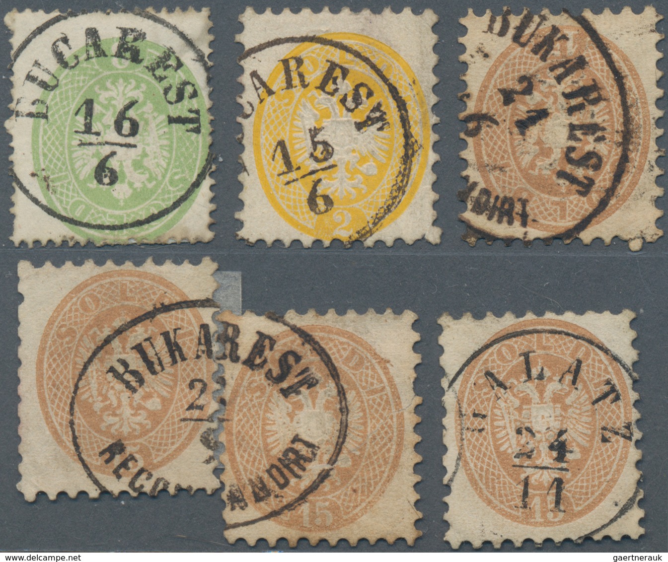 Rumänien - Stempel: 1863/1864, Austrian P.O. Levant, Group Of 6 Lombardy-Venetia Precursor Stamps Wi - Poststempel (Marcophilie)