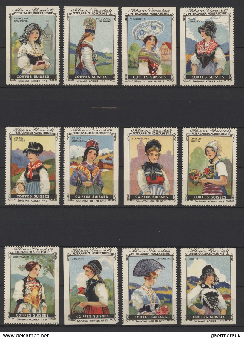 Schweiz: 1920-60 Ca., Steckbuch Mit über 140 Alten Vignetten, Nestle, Schokolade, Folklore, Trachten - Collections