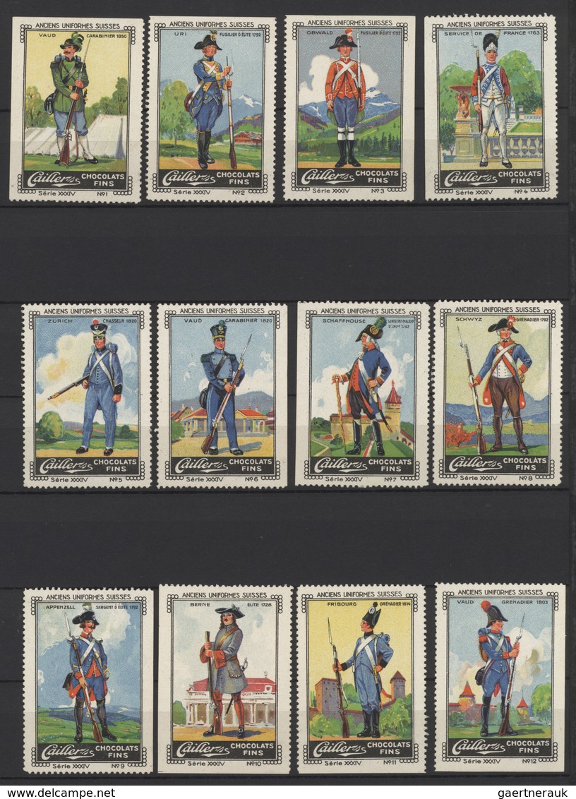 Schweiz: 1920-60 Ca., Steckbuch Mit über 140 Alten Vignetten, Nestle, Schokolade, Folklore, Trachten - Collections