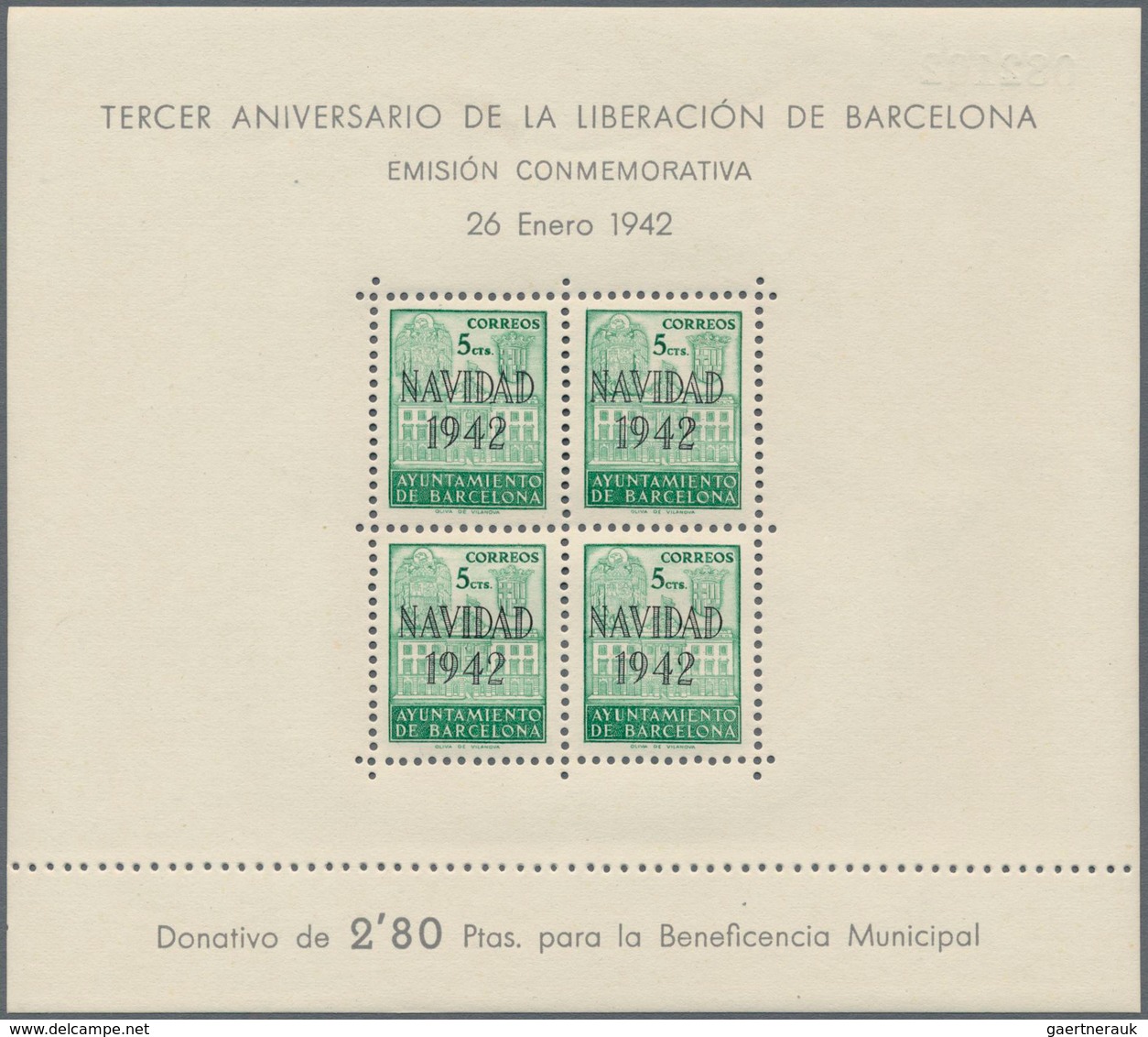 Spanien - Zwangszuschlagsmarken Für Barcelona: 1942, Town Hall Of Barcelona Miniature Sheets 4 X 5c. - Kriegssteuermarken