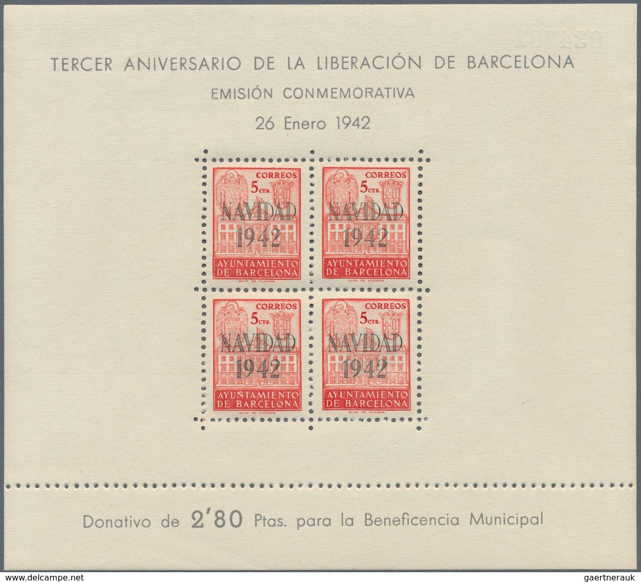 Spanien - Zwangszuschlagsmarken Für Barcelona: 1942, Town Hall Of Barcelona Miniature Sheets 4 X 5c. - Oorlogstaks