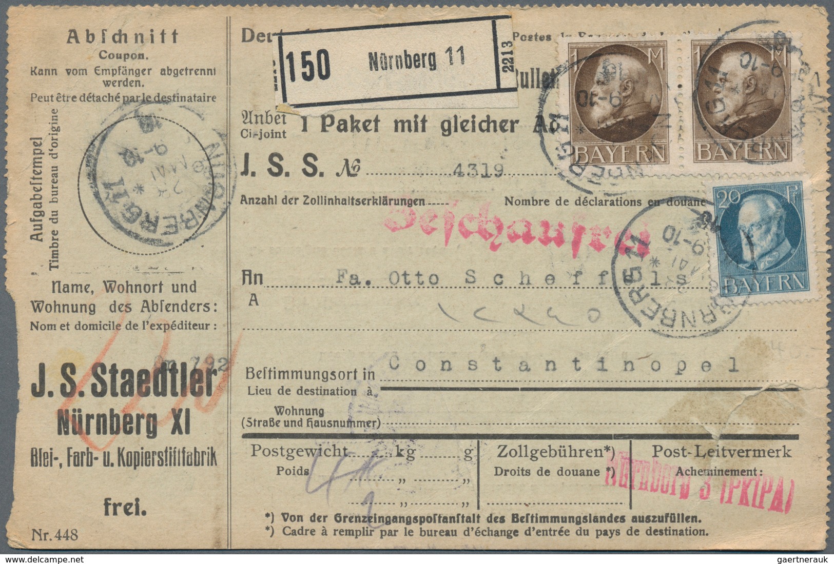 Bayern - Paketkarten: 1895/1918, Partie Von Acht Auslandspaketkarten (fünfmal Schweiz, Zweimal Türke - Altri & Non Classificati