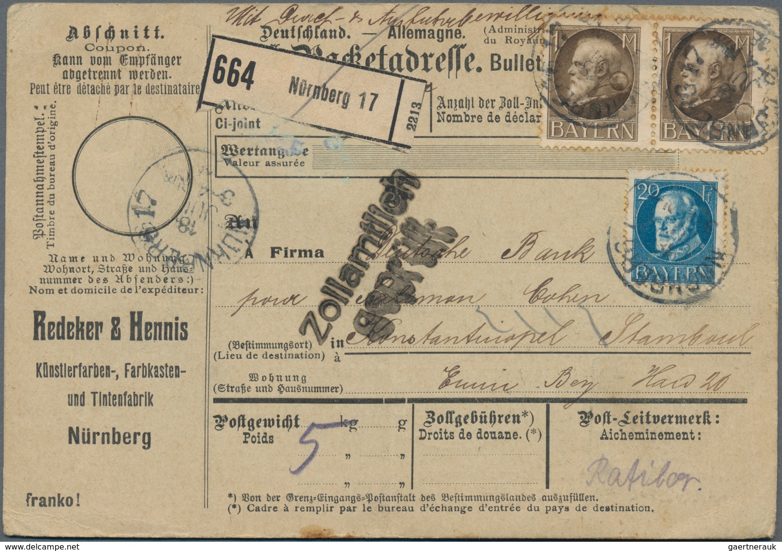 Bayern - Paketkarten: 1895/1918, Partie Von Acht Auslandspaketkarten (fünfmal Schweiz, Zweimal Türke - Andere & Zonder Classificatie