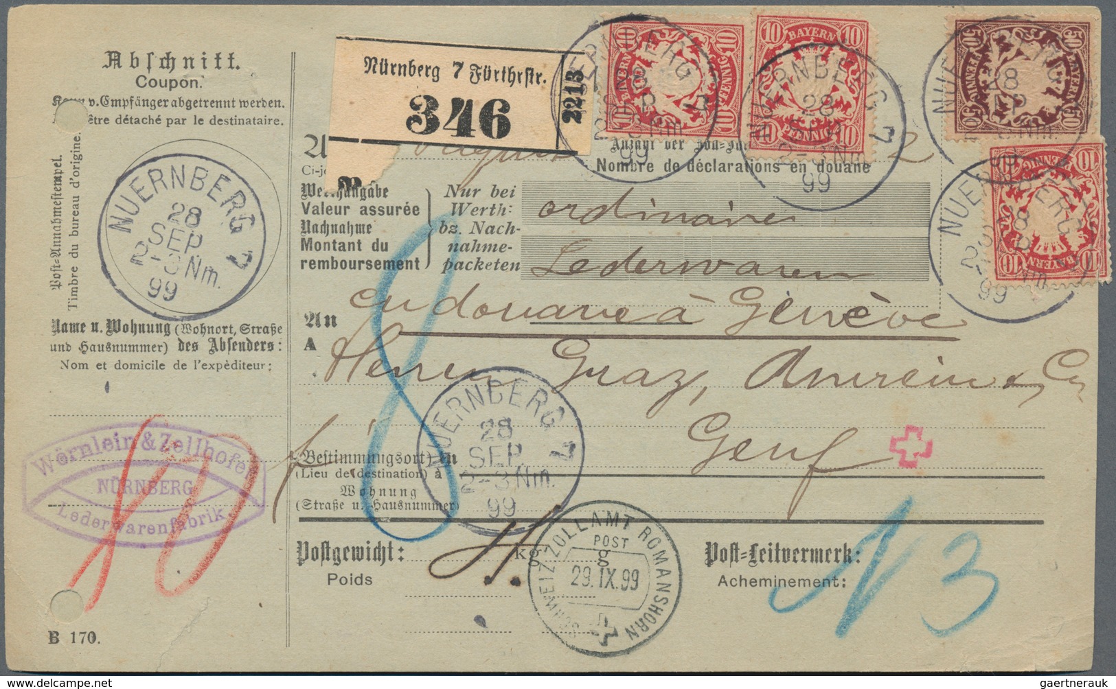 Bayern - Paketkarten: 1895/1918, Partie Von Acht Auslandspaketkarten (fünfmal Schweiz, Zweimal Türke - Otros & Sin Clasificación