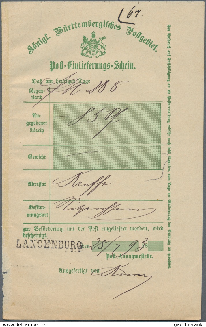 Württemberg - Marken Und Briefe: 1810/1893, Ca. 115 Altbriefe Und Diverse Postscheine Auch Aus Klein - Andere & Zonder Classificatie