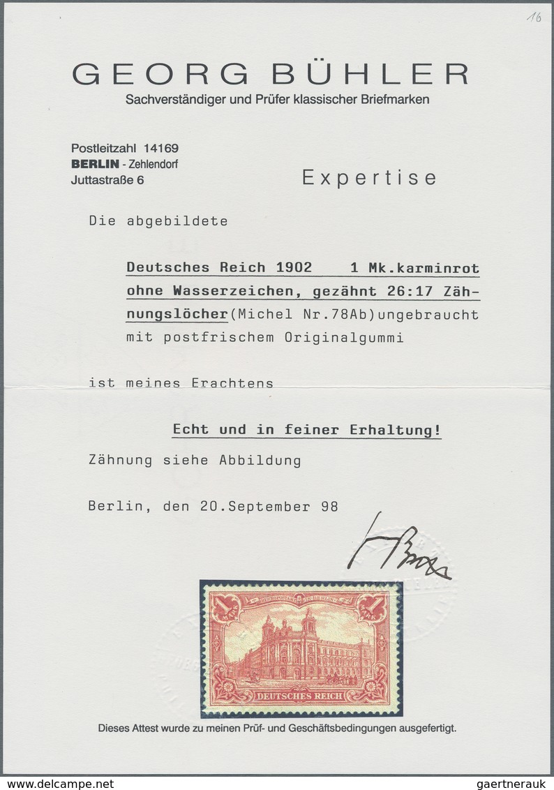 Deutsches Reich - Germania: 1902, Germania o.Wz., 1 Mark karminrot, gez. 26:17, fünf Werte ungebrauc