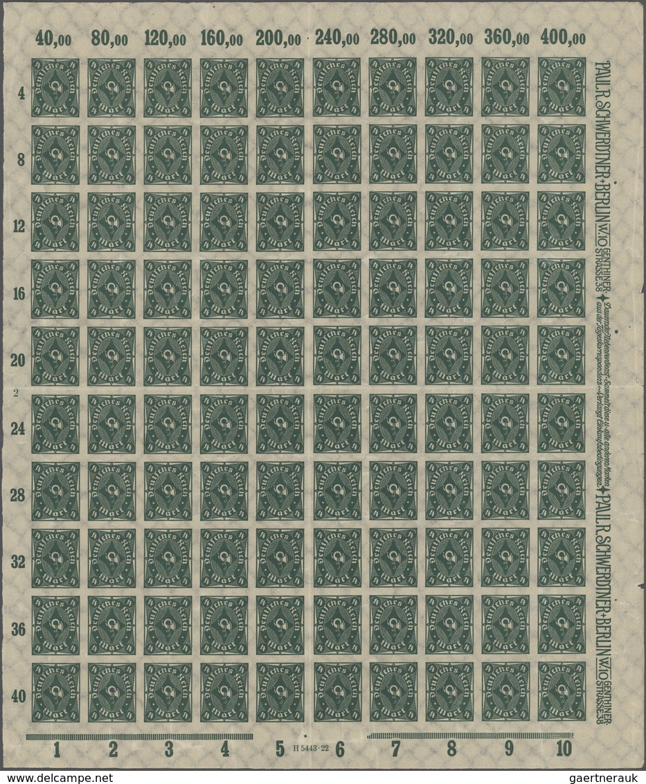 Deutsches Reich - Inflation: 1922, Posthorn 4 Mark Dunkelgrün, WZ 2 UNGEZÄHNT Im Kompletten 100-er B - Collections