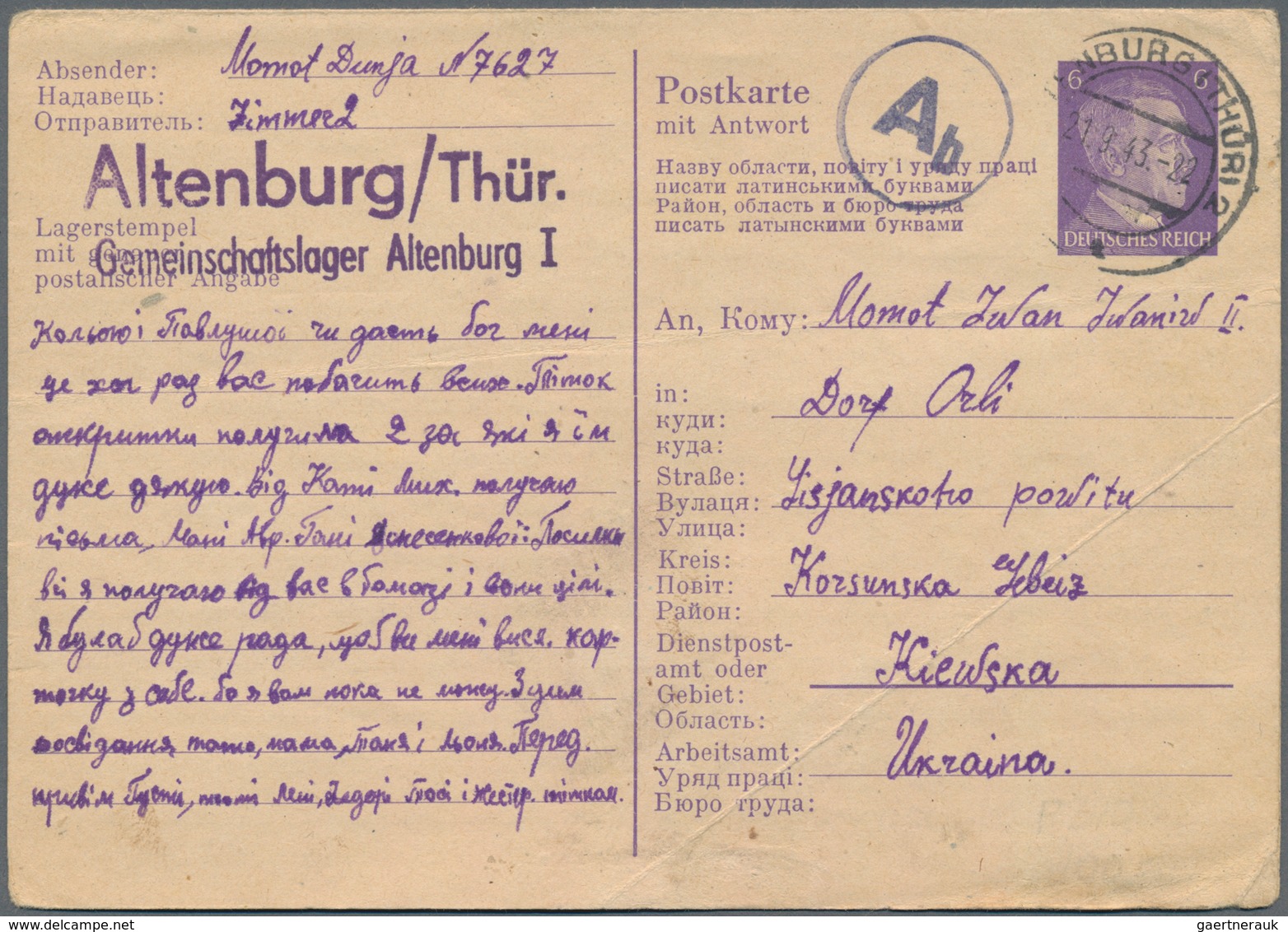 Deutsches Reich - Ganzsachen: 1943, Ostarbeiter-Ganzsache, Lot Von Acht In Die Ukraine Gelaufenen Ka - Sonstige & Ohne Zuordnung