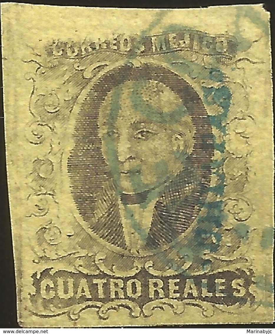 J) 1861 MEXICO, HIDALGO, 4 REALES, DISTRICT CHIAPAS IN GREEN, CIRCULAR CANCELLATION, COMITAN, MN - Mexico