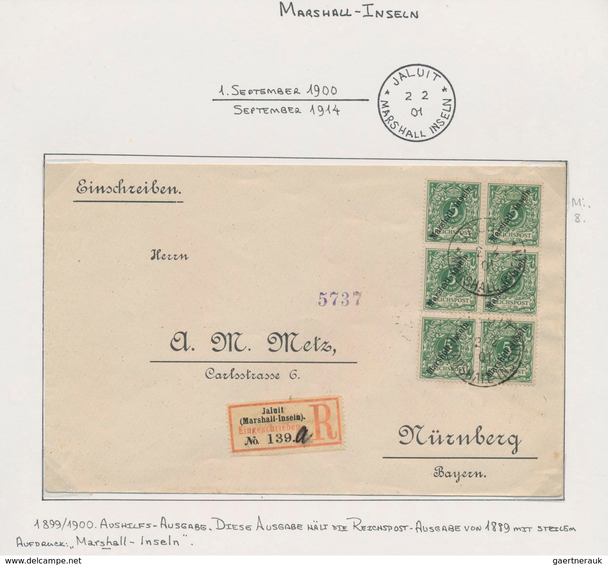 Deutsche Kolonien: 1901/1907, Kleines Auf Albumblätter Aufgezogenes Lot Von Neun Belegen Von Den Mar - Sonstige & Ohne Zuordnung
