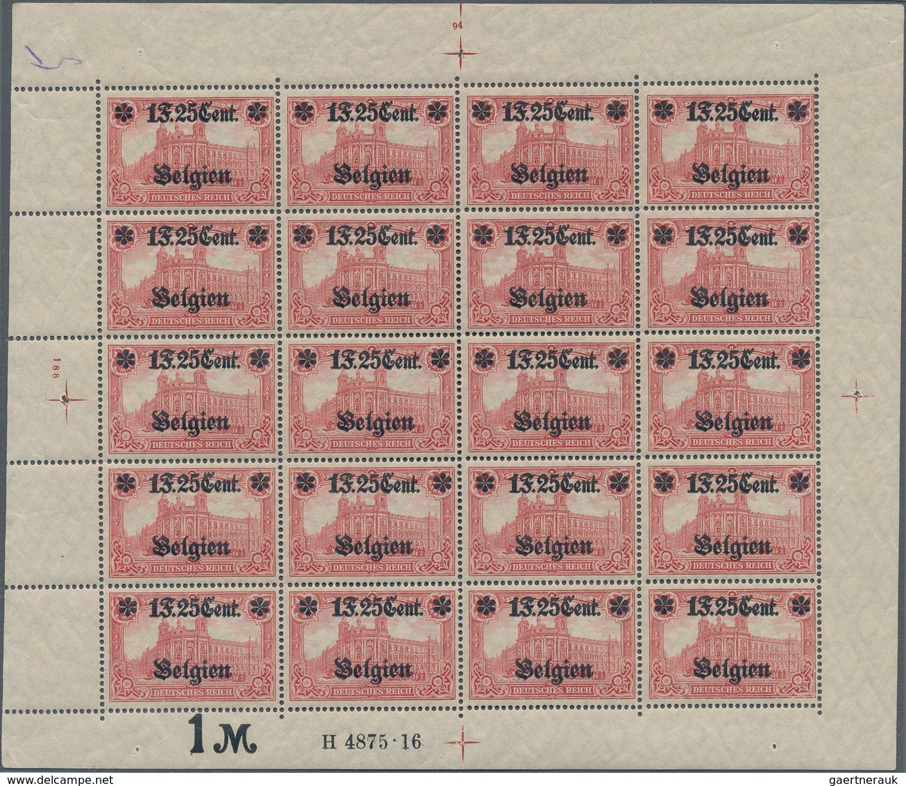 Deutsche Besetzung I. WK: Landespost In Belgien: 1916, 1 F. 25 Cent Auf 1 Mark Karminrot, Wertangabe - Bezetting 1914-18