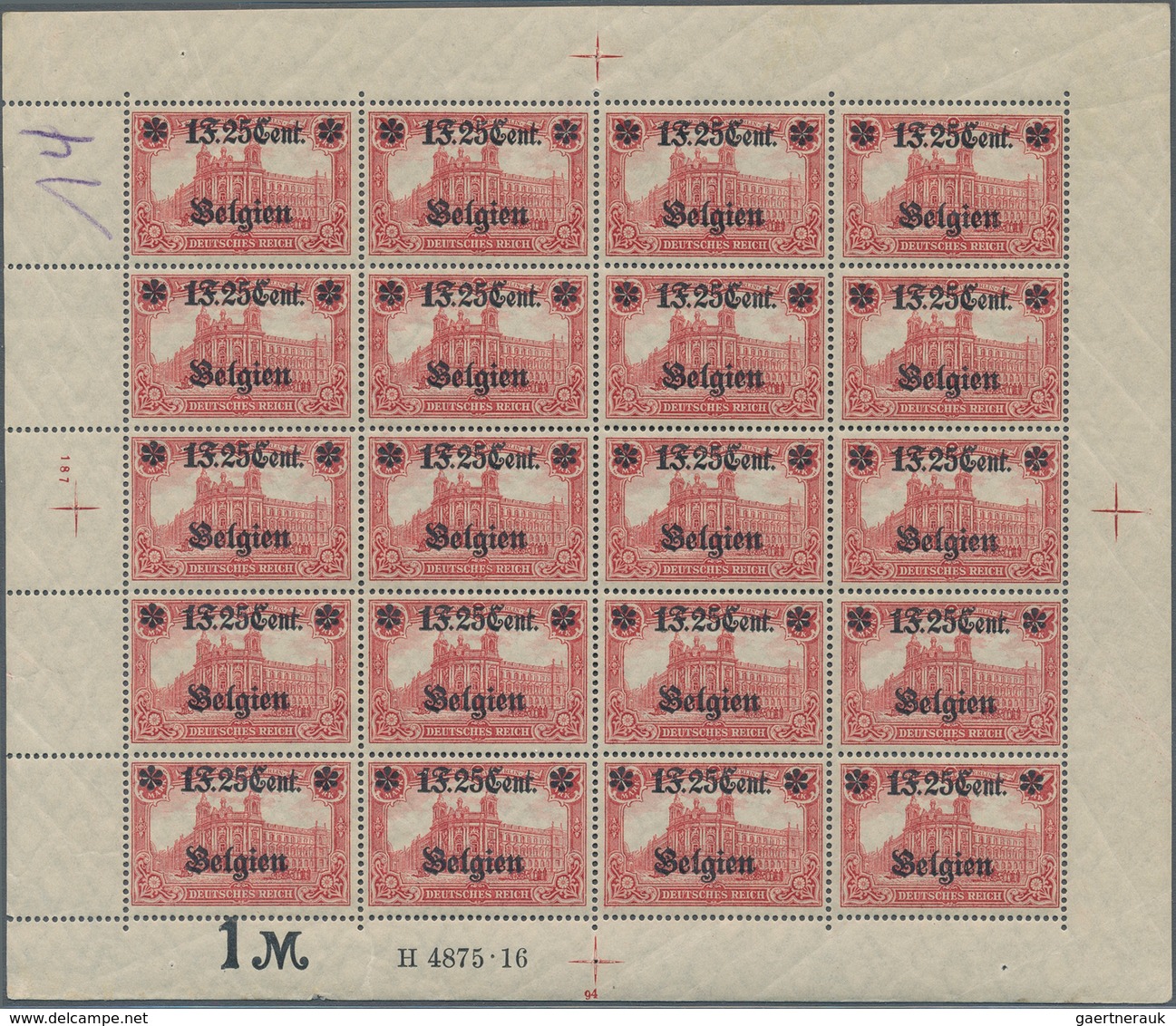Deutsche Besetzung I. WK: Landespost In Belgien: 1916, 1 F. 25 Cent Auf 1 Mark Karminrot, Wertangabe - Ocupación 1914 – 18
