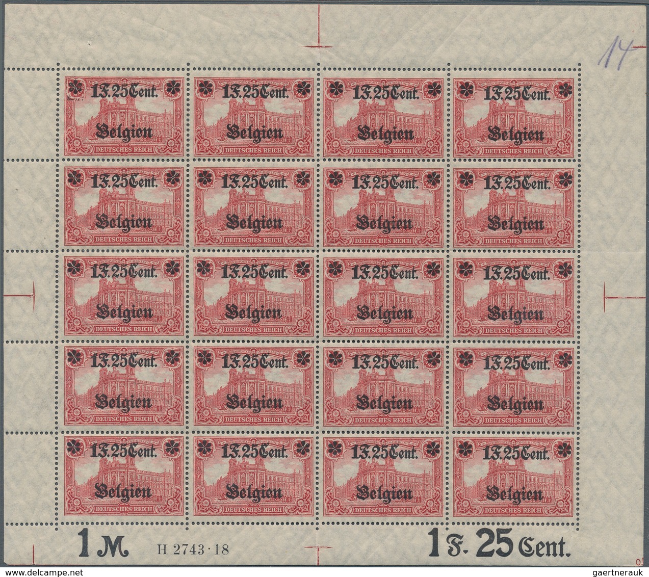 Deutsche Besetzung I. WK: Landespost In Belgien: 1918, 1 F. 25 Cent Auf 1 Mark Karminrot, Wertangabe - Besetzungen 1914-18