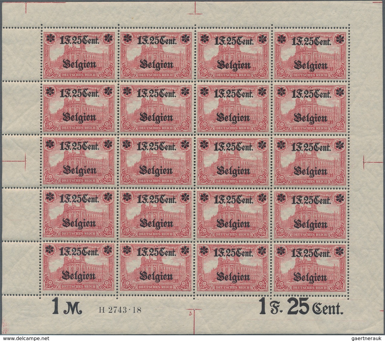 Deutsche Besetzung I. WK: Landespost In Belgien: 1918, 1 F. 25 Cent Auf 1 Mark Karminrot, Wertangabe - Ocupación 1914 – 18