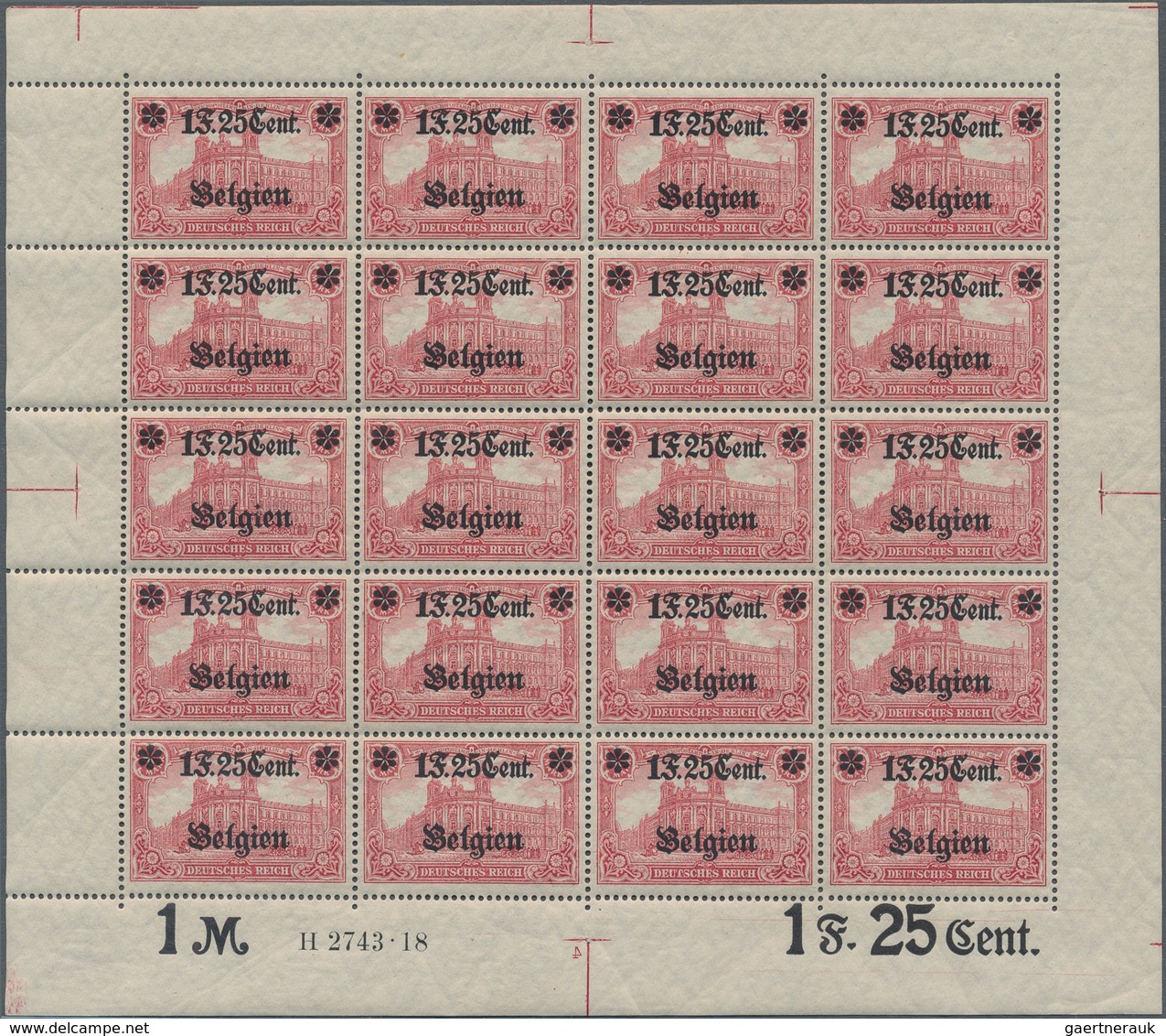 Deutsche Besetzung I. WK: Landespost In Belgien: 1918, 1 F. 25 Cent Auf 1 Mark Karminrot, Wertangabe - Bezetting 1914-18