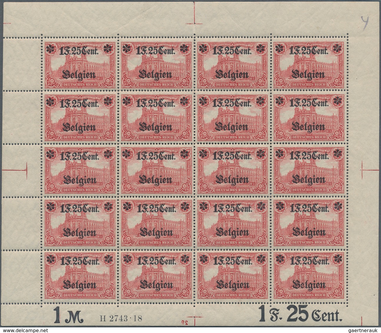 Deutsche Besetzung I. WK: Landespost In Belgien: 1918, 1 F. 25 Cent Auf 1 Mark Karminrot, Wertangabe - Bezetting 1914-18