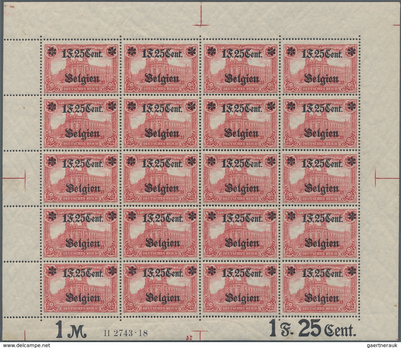 Deutsche Besetzung I. WK: Landespost In Belgien: 1918, 1 F. 25 Cent Auf 1 Mark Karminrot, Wertangabe - Besetzungen 1914-18