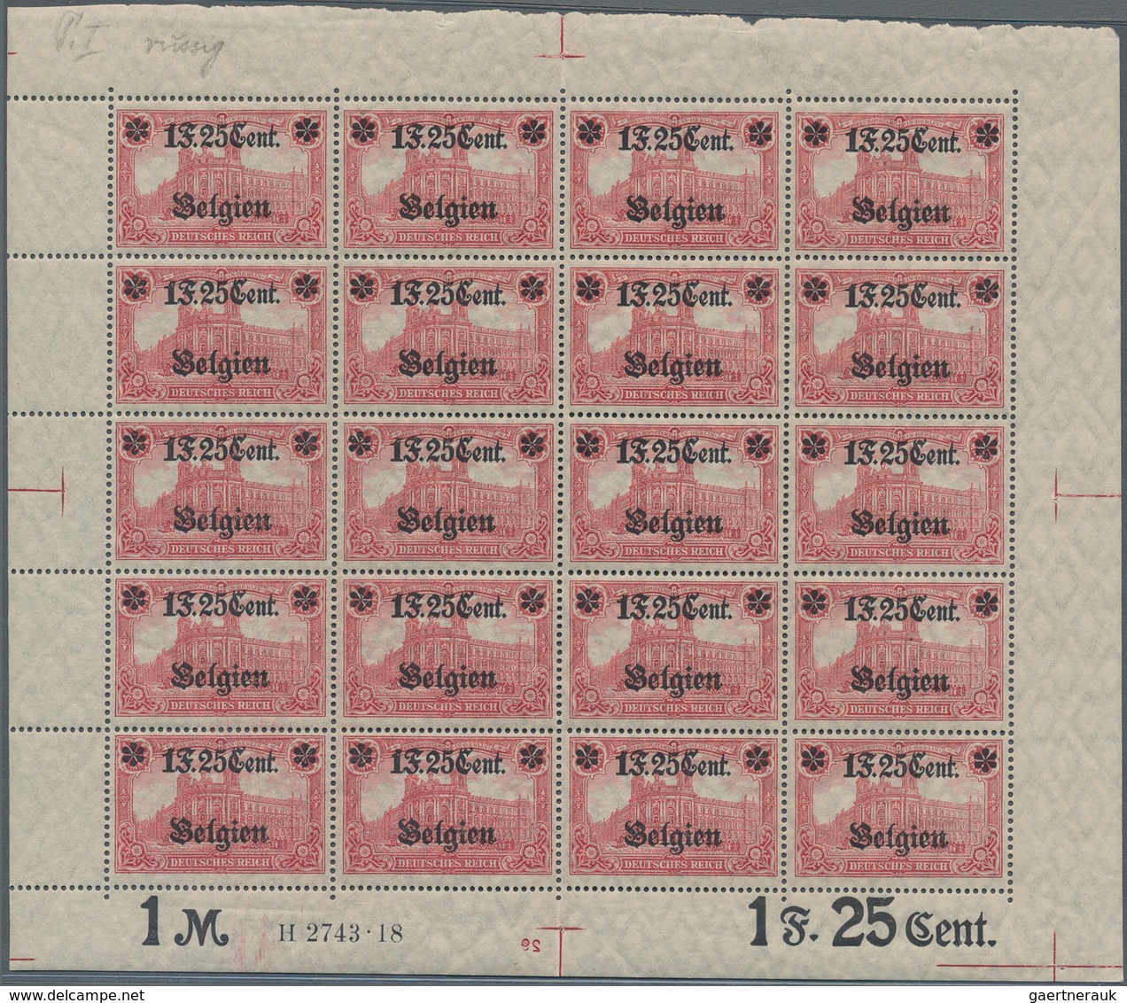 Deutsche Besetzung I. WK: Landespost In Belgien: 1918, 1 F. 25 Cent Auf 1 Mark Karminrot, Wertangabe - Bezetting 1914-18