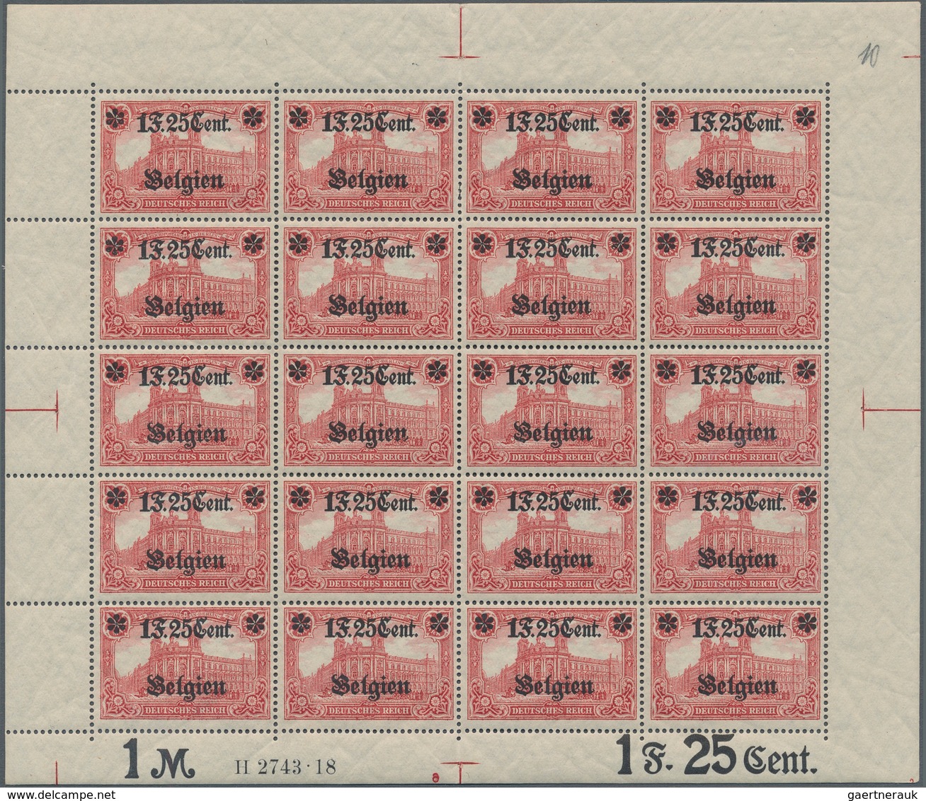 Deutsche Besetzung I. WK: Landespost In Belgien: 1918, 1 F. 25 Cent Auf 1 Mark Karminrot, Wertangabe - Bezetting 1914-18