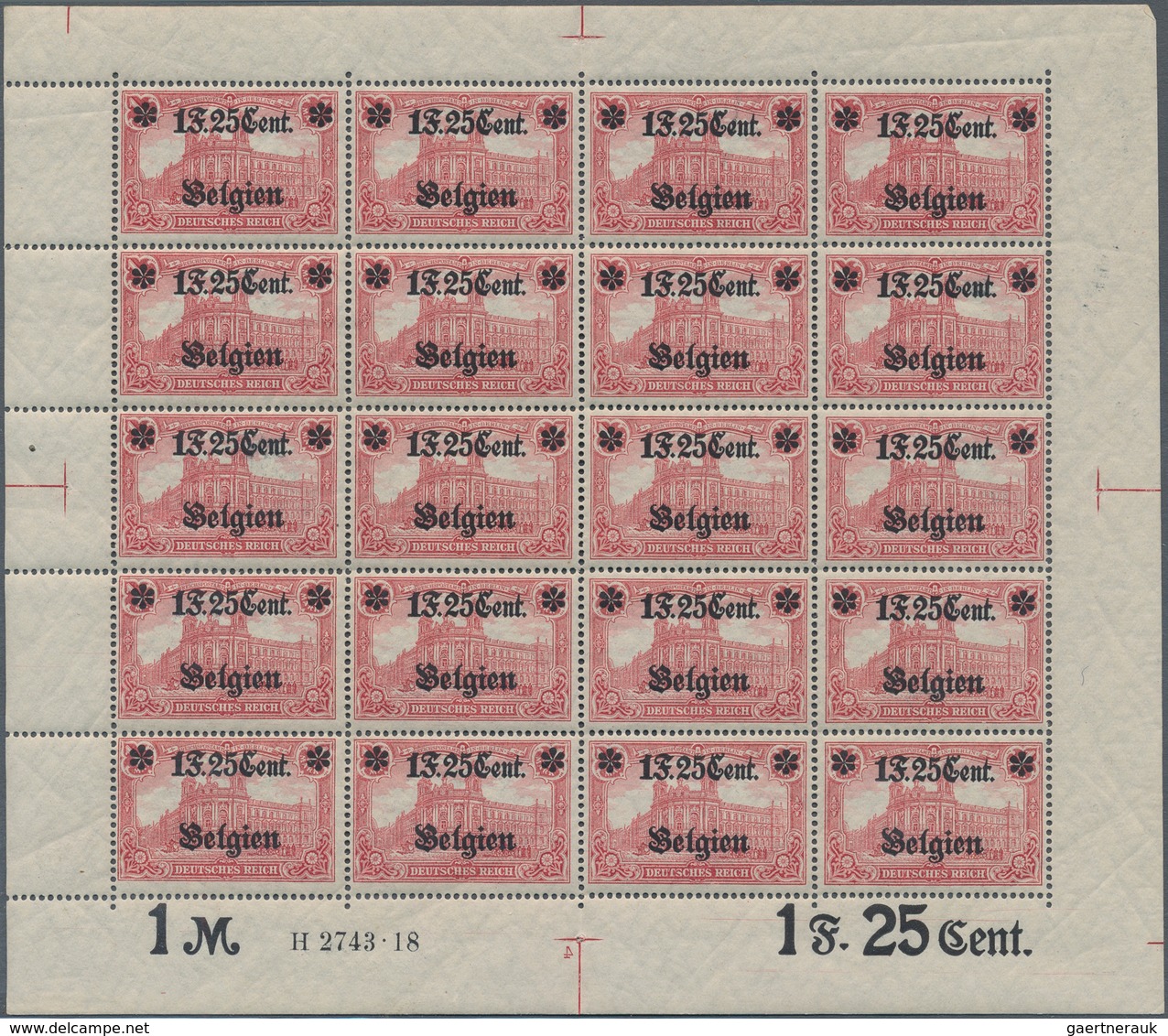 Deutsche Besetzung I. WK: Landespost In Belgien: 1918, 1 F. 25 Cent Auf 1 Mark Karminrot, Wertangabe - Ocupación 1914 – 18