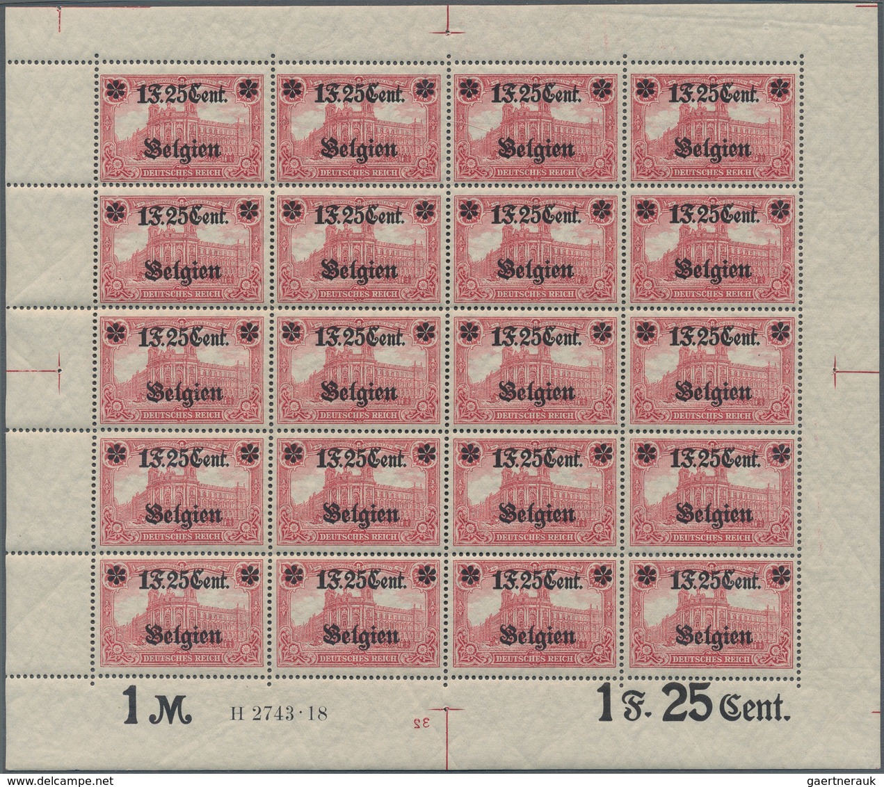 Deutsche Besetzung I. WK: Landespost In Belgien: 1918, 1 F. 25 Cent Auf 1 Mark Karminrot, Wertangabe - Bezetting 1914-18
