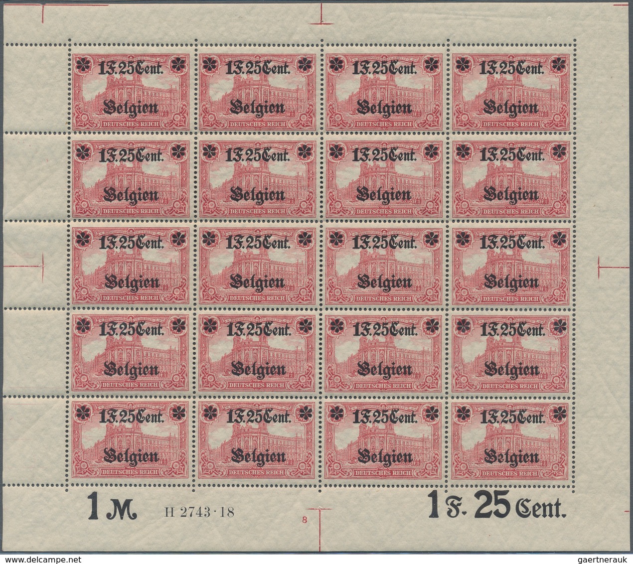 Deutsche Besetzung I. WK: Landespost In Belgien: 1918, 1 F. 25 Cent Auf 1 Mark Karminrot, Wertangabe - Bezetting 1914-18