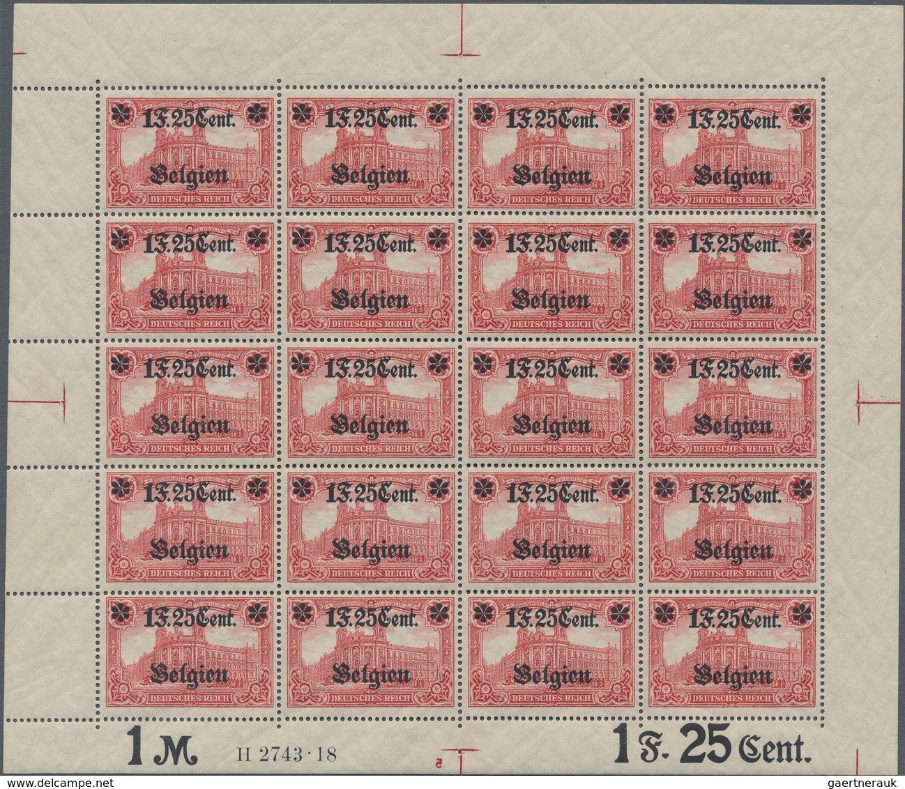 Deutsche Besetzung I. WK: Landespost In Belgien: 1918, 1 F. 25 Cent Auf 1 Mark Karminrot, Wertangabe - Ocupación 1914 – 18