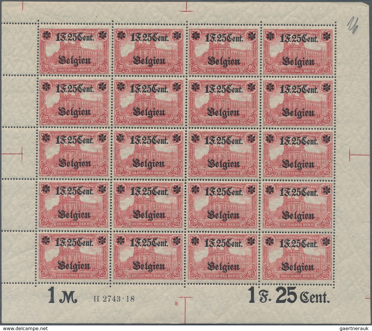 Deutsche Besetzung I. WK: Landespost In Belgien: 1918, 1 F. 25 Cent Auf 1 Mark Karminrot, Wertangabe - Bezetting 1914-18