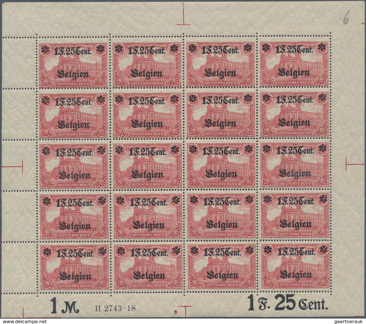 Deutsche Besetzung I. WK: Landespost In Belgien: 1918, 1 F. 25 Cent Auf 1 Mark Karminrot, Wertangabe - Besetzungen 1914-18