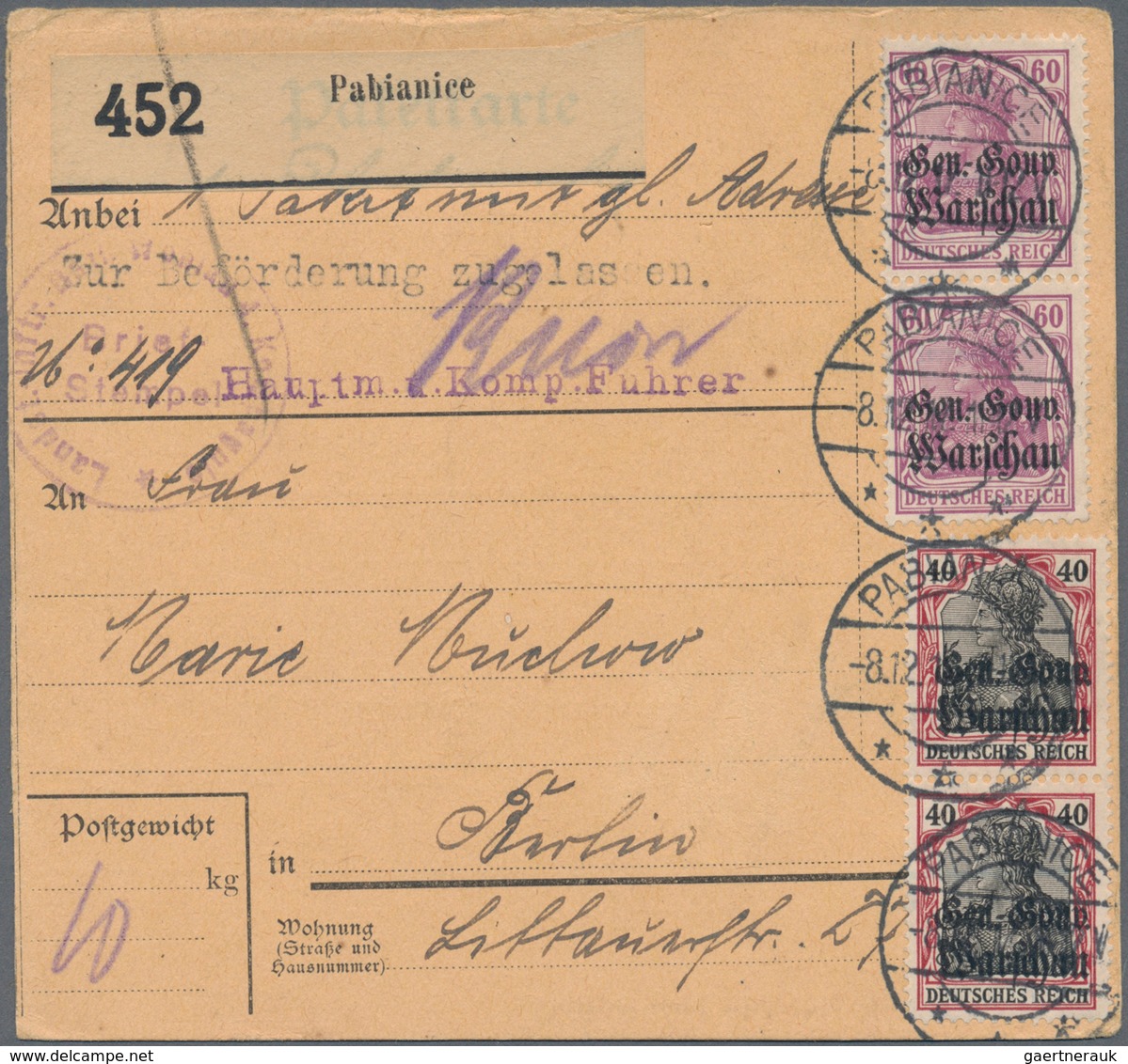 Deutsche Besetzung I. WK: Deutsche Post In Polen: 1918, 1918, Fünf Paketkarten-Stammteile Je Mit Mis - Besetzungen 1914-18