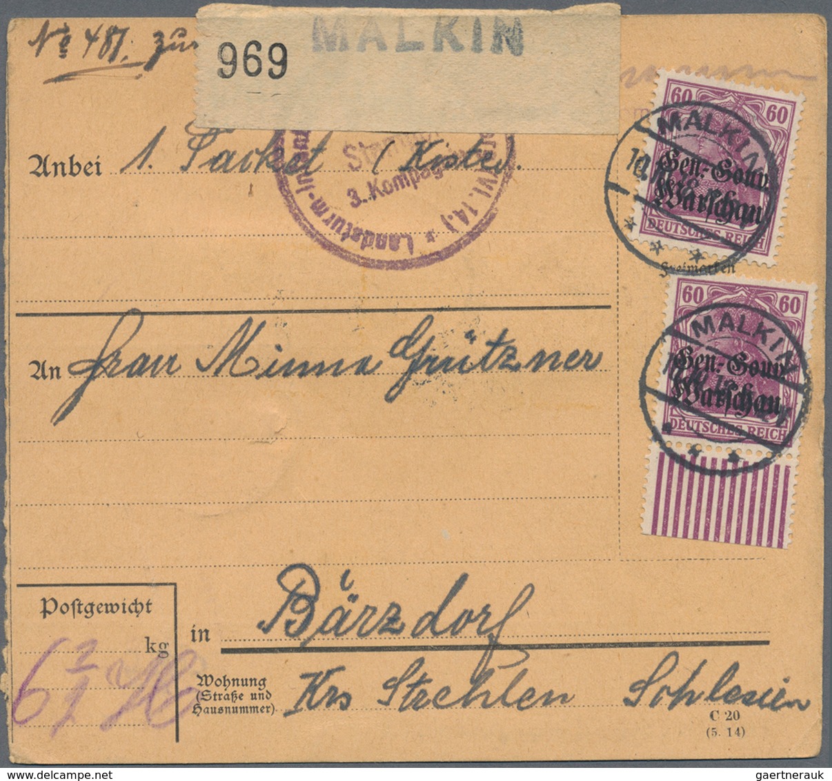 Deutsche Besetzung I. WK: Deutsche Post In Polen: 1918, Fünf Paketkarten-Stammteile Je Mit Mischfran - Bezetting 1914-18