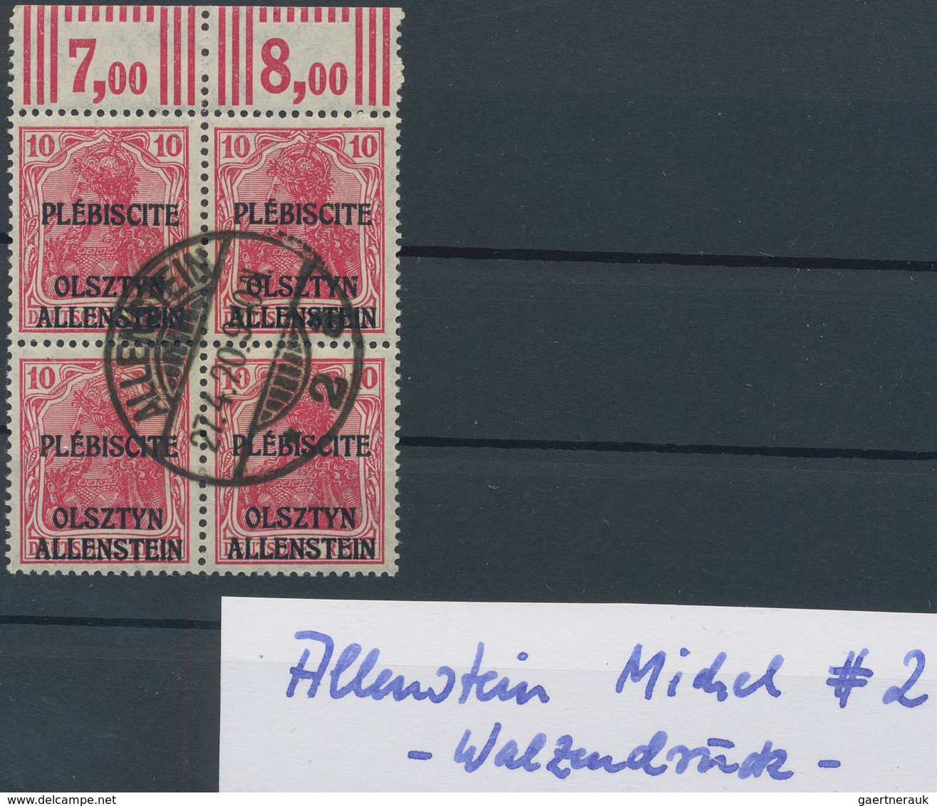 Deutsche Abstimmungsgebiete: Allenstein: 1920, Lot Mit MiNr. 2 Walzendruck-OR-4er-Block Zentrisch Ge - Otros & Sin Clasificación