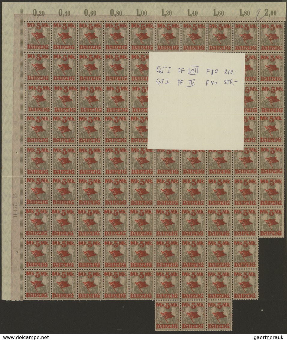 Danzig: 1920, Netzunterdrucke Nr. 27-30 in kompletten Druckbogen, dazu 595 Marken aus Nr. 26-31 und