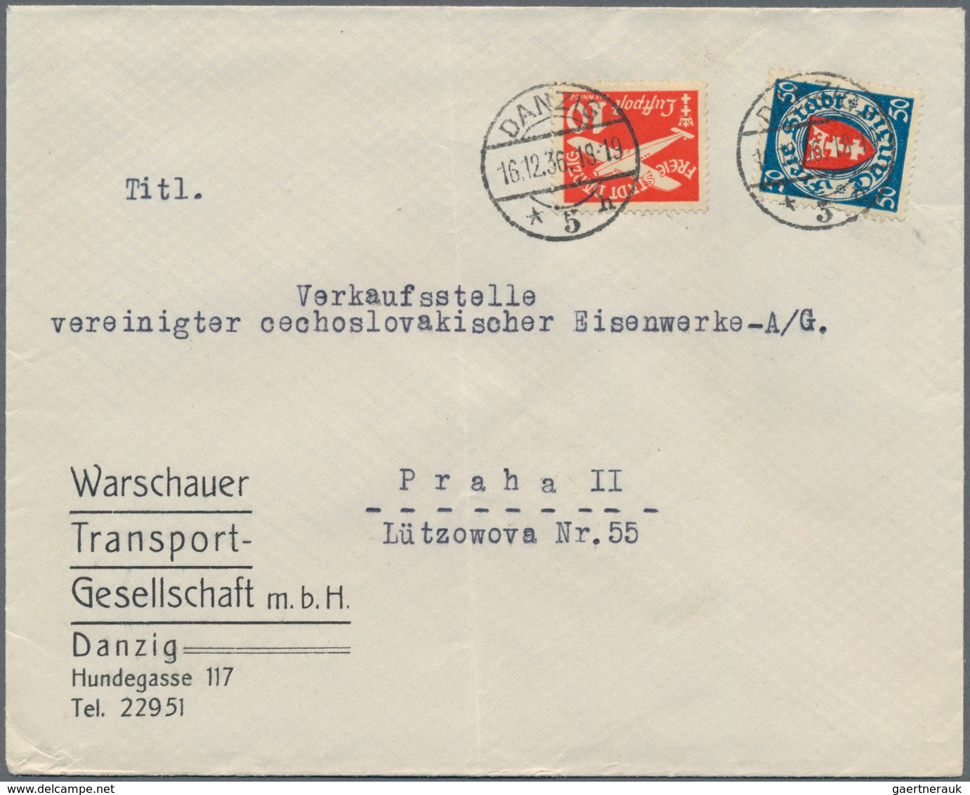 Danzig: 1936/1938, Lot Von Fünf Bedarfsbriefen Der "Warschauer Transportgesellschaft, Danzig" Je Gel - Andere & Zonder Classificatie