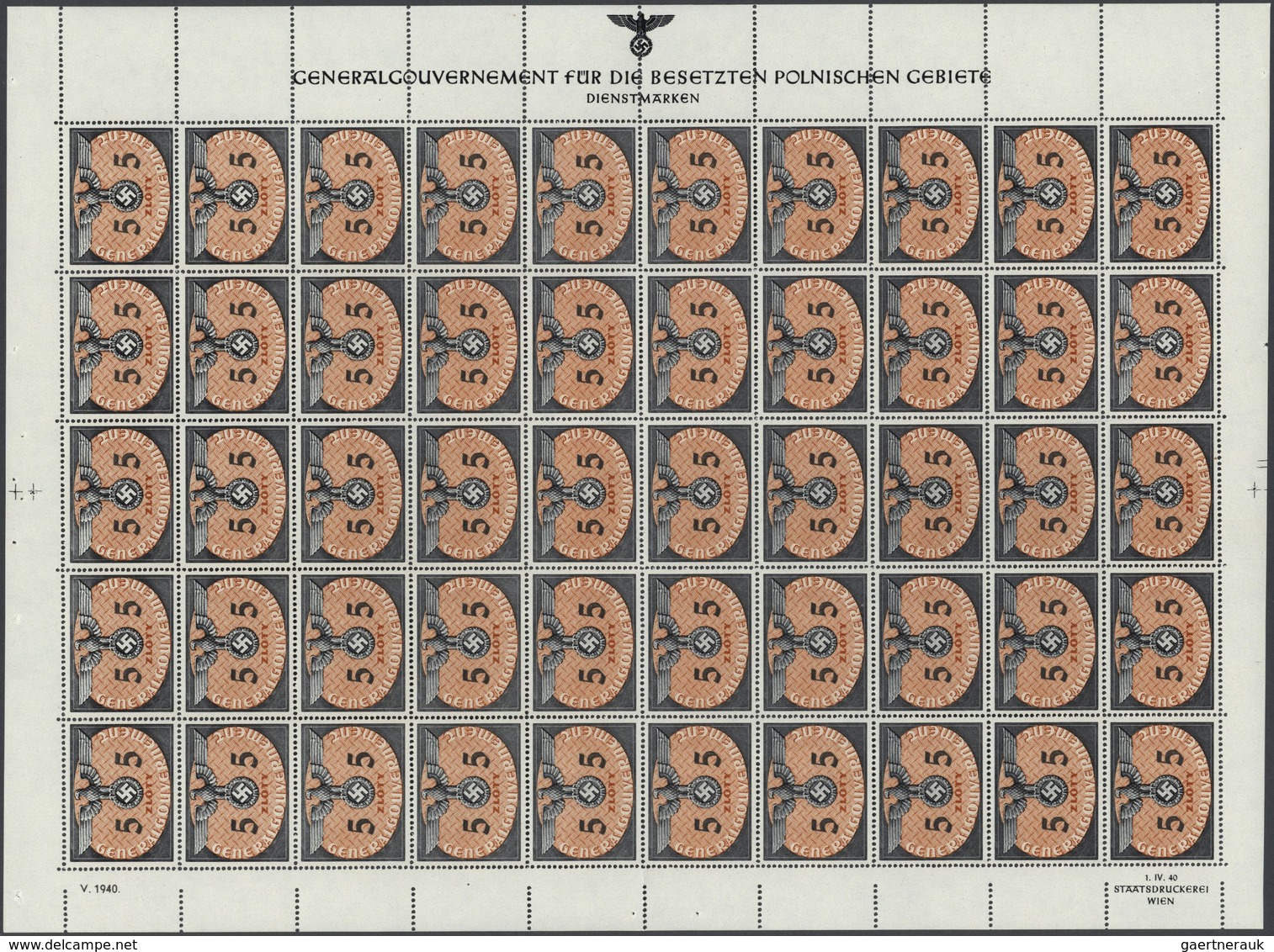 Dt. Besetzung II WK - Generalgouvernement - Dienstmarken: 1940. Posten 3 Zl Und 5 Zl, Je 100 Stück I - Bezetting 1938-45