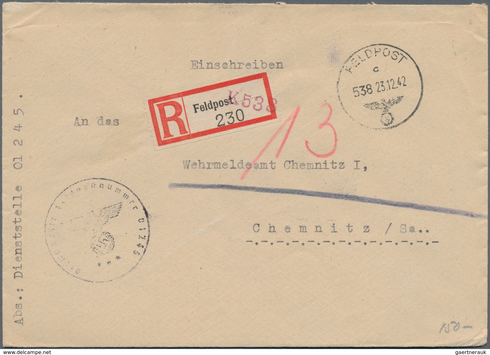 Feldpost 2. Weltkrieg: 1940/1945, Sammlungsbestand von ca. 280 Feldpost-Einschreibe-Briefen div. Ein