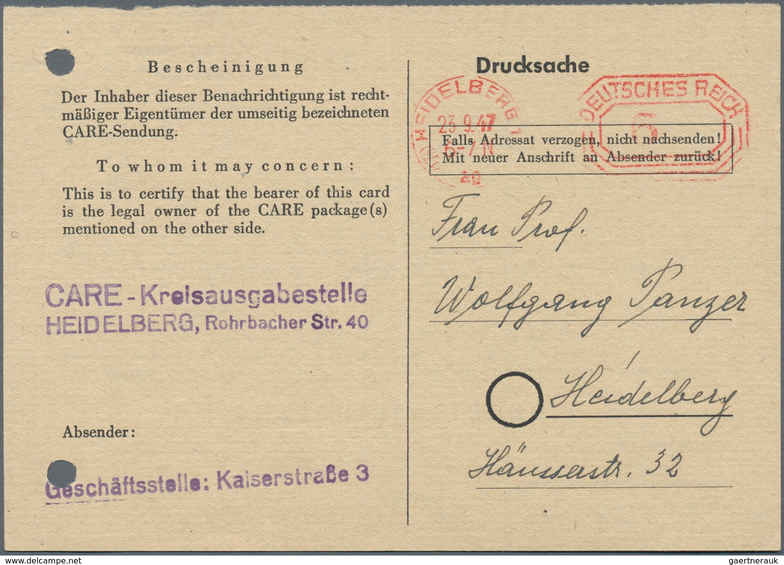 Deutschland Nach 1945: 1947/1950, CARE-Pakete, Kleine Dokumentation Mit Paketzetteln, Benachrichtigu - Colecciones