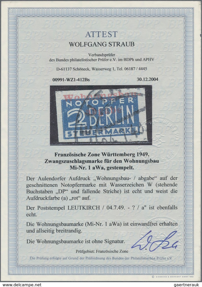 Französische Zone - Württemberg - Wohnungsbau-Abgabe: 1949, 2 Pfg. Wohnungsbaumarke, Kleine Sammlung - Sonstige & Ohne Zuordnung