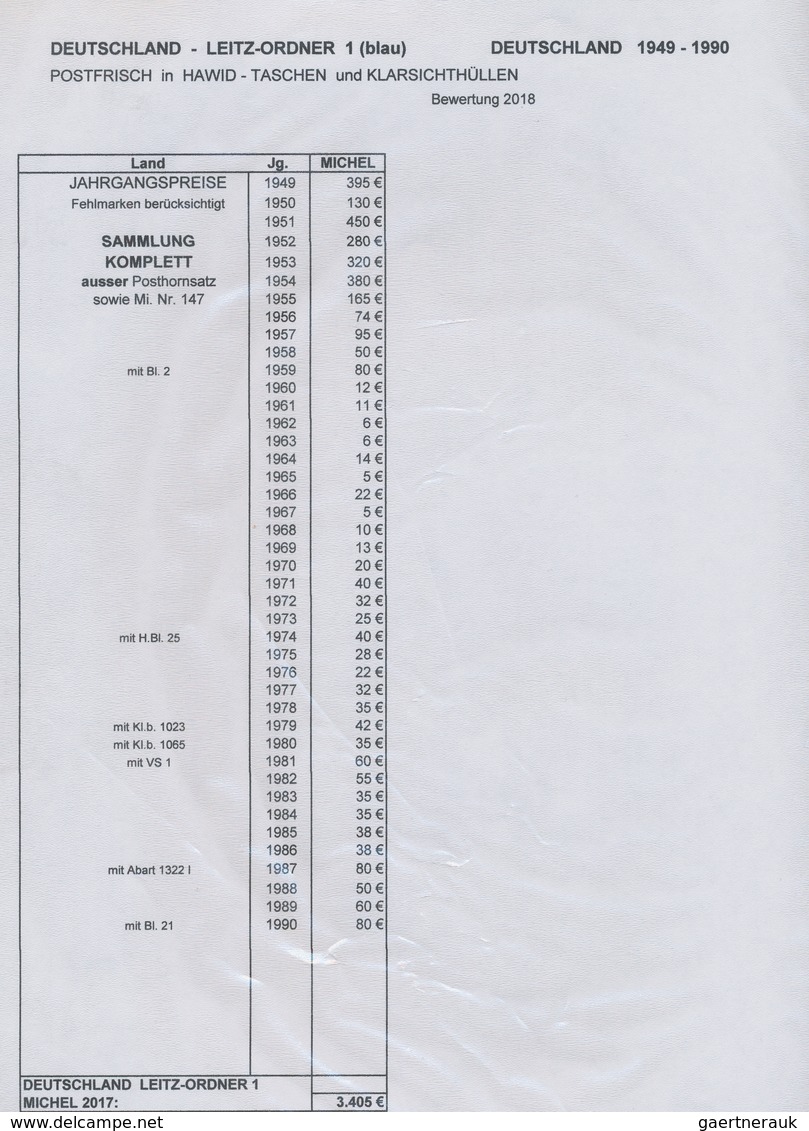 Bundesrepublik Deutschland: 1949/1996, Postfrische Sammlung Im Leitz-Ordner, Bis Auf Posthorn Und Mi - Verzamelingen